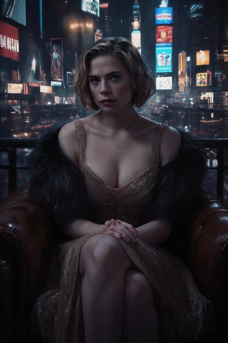 Hauntingly beautiful, Hayley Atwell poses amidst a dark cityscape at night, towering skyscrapers and neon lights reflecting in her mesmerizing blue eyes. Her short, chic golden blonde hair frames her flawless face, perfectly lit by the city's glow. She sits elegantly on a leather chair, legs crossed, exuding sophistication in a pearl Gatsby-inspired dress with luxurious fur trim. The camera captures her from below, emphasizing the allure of her piercing gaze and luscious locks.