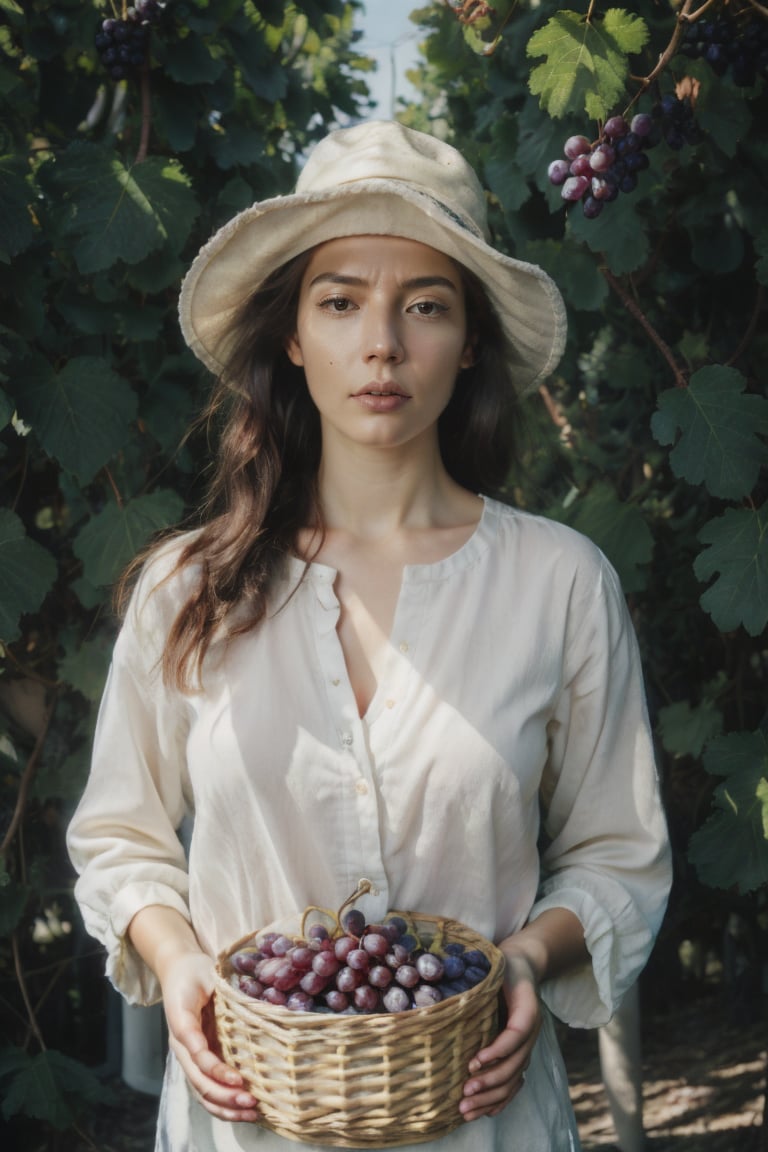 1girl, solo, long hair, shirt, black hair, hat, holding, food, tree, fruit, leaf, holding food, realistic, basket, holding fruit, grapes