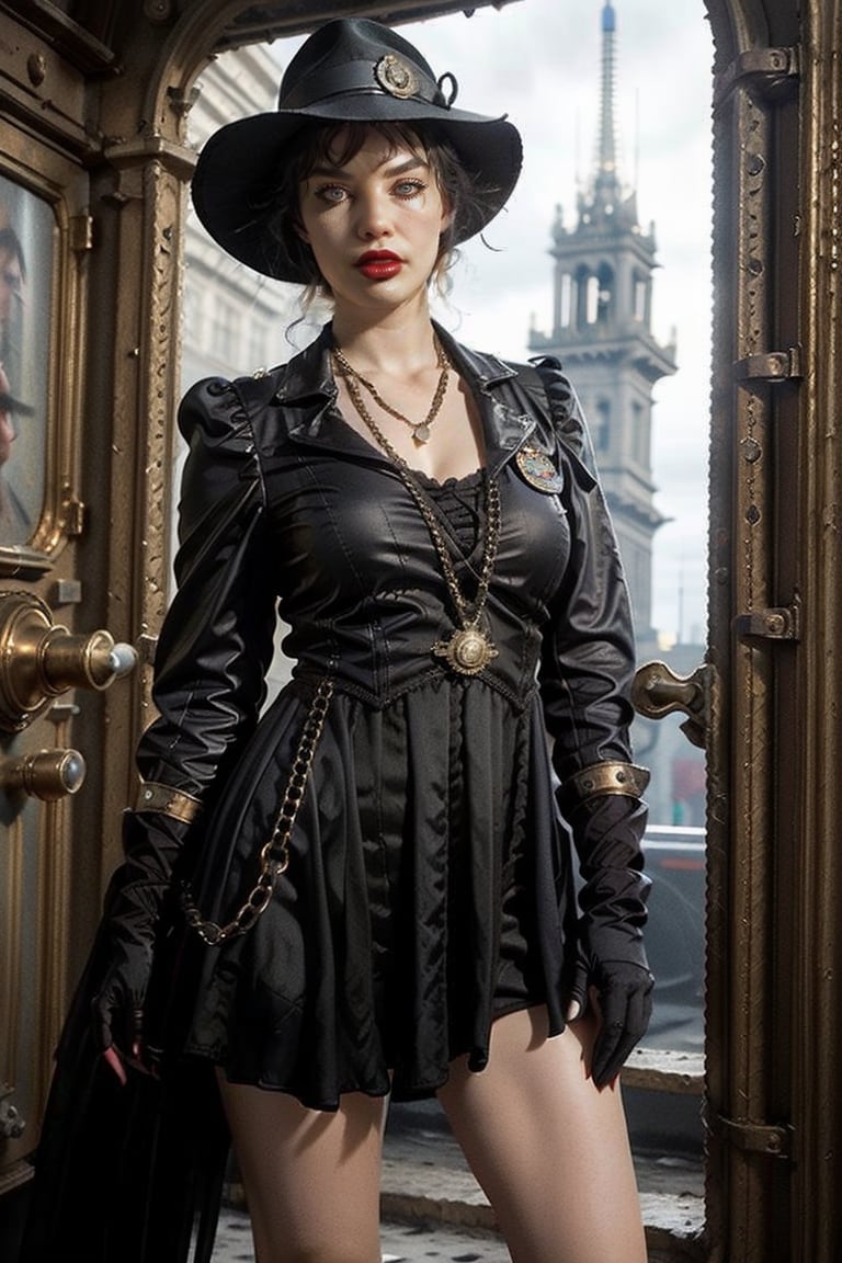 A cold-faced woman wearing steampunk clothing, a hat with a badge, bright red thick lips, a thick black military jacket, various accessories such as chains and gloves, wearing a short black mini skirt, leaning on a pillar, A thoughtful, deliberate fashion statement against the backdrop of a deserted train station,nightgown,perfecteyes eyes,photo of perfecteyes eyes,nodf_lora