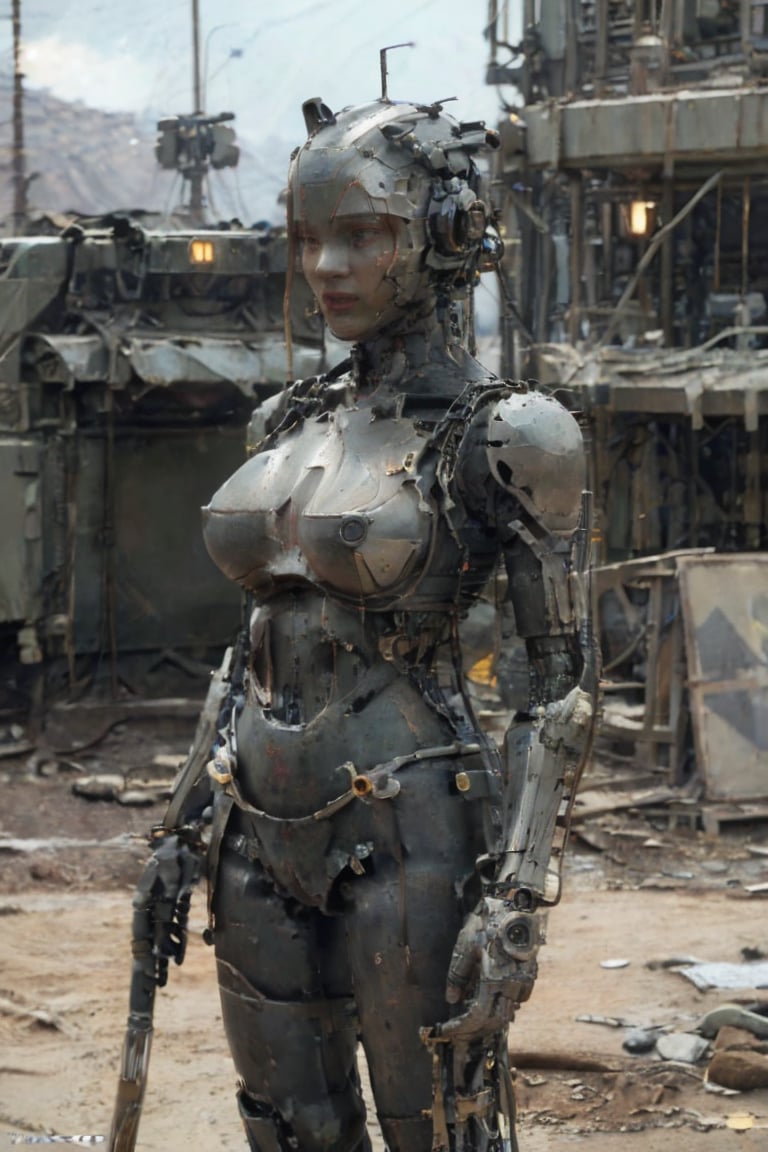 A cinematic photograph captures a majestic 2-meter tall organomachine creature standing amidst the desolate, rocky terrain of a barren planet. The humanoid figure boasts a robust biological core encased within a metallic exoskeleton, its modular limbs incorporating mechanical actuators and biological muscles. A metal helmet adorns the head, featuring multiple bionic eyes and sensors, while pale skin is partially covered by metal plates in various colors and textures. In this harsh environment devoid of life, the organomachine creature appears to be scavenging for robotic parts and energy sources. The 8K resolution photograph showcases ultra-detailed photorealism, with cinematic lighting accentuating the drama of the scene. The creature's athletic body shape and perfect proportions are highlighted, complete with notable features such as big breasts.,cutout dress,T-90M,BTR-80,Cyberpunk_Anime