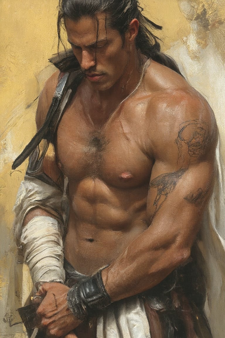 a medium-sized painting of a muscular man with long dark hair tied in a ponytail and a black mustache. He is holding a swo...