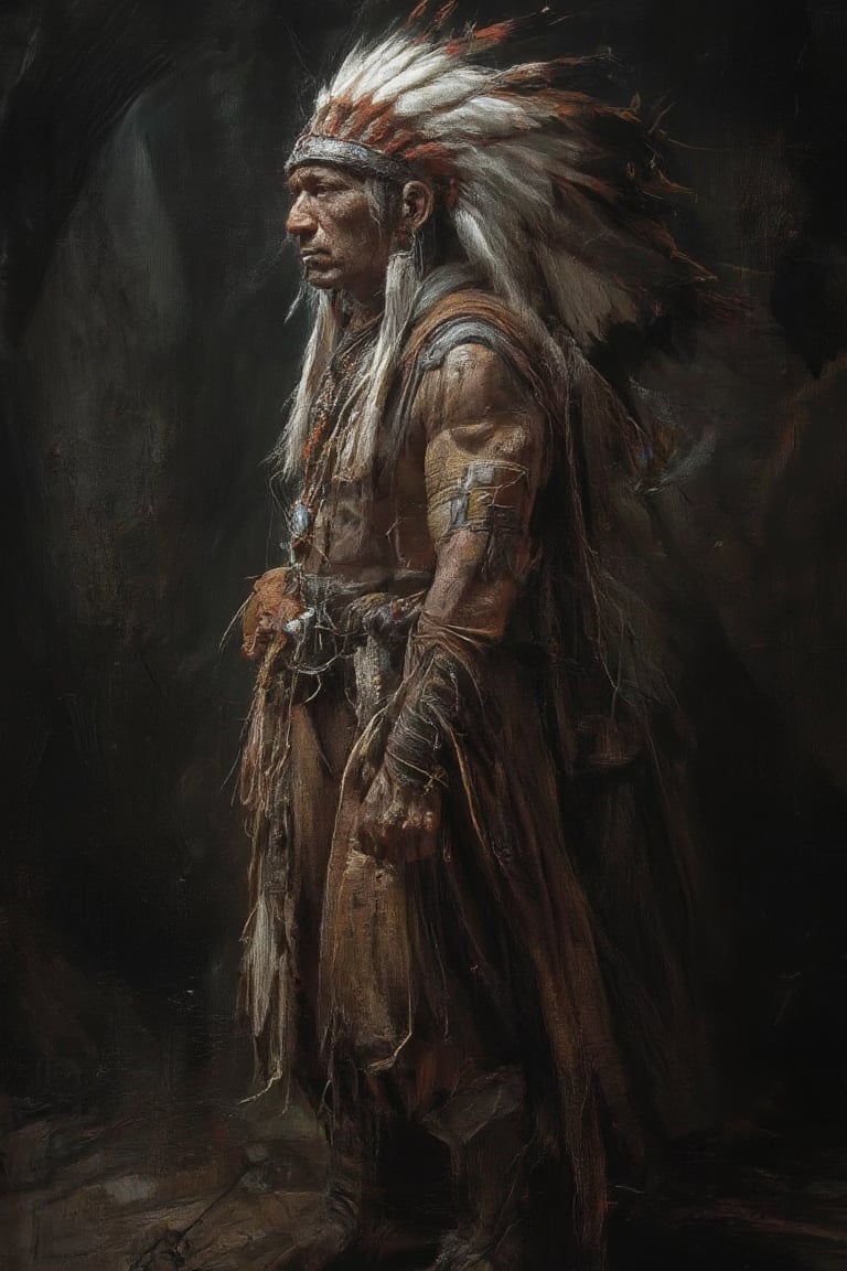 a medium-angle shot of a Native American Indian man stands against a dark backdrop, adorned with a headdress adorned with feathers and a necklace. The man's headdress is adorned with an intricate design, adding a touch of beauty to the scene. His attire is reminiscent of a native american Indian, with a feather headdress and a feather necklace around his neck. His skin is adorned adorned with jewelry, including a necklace, earrings, and bracelets. His hands are adorned with long, slender, brown bands, and long, dark boots. His headdress, adorned in a unique design, is adorned by a large headdress of feathers, adding depth to the overall composition.