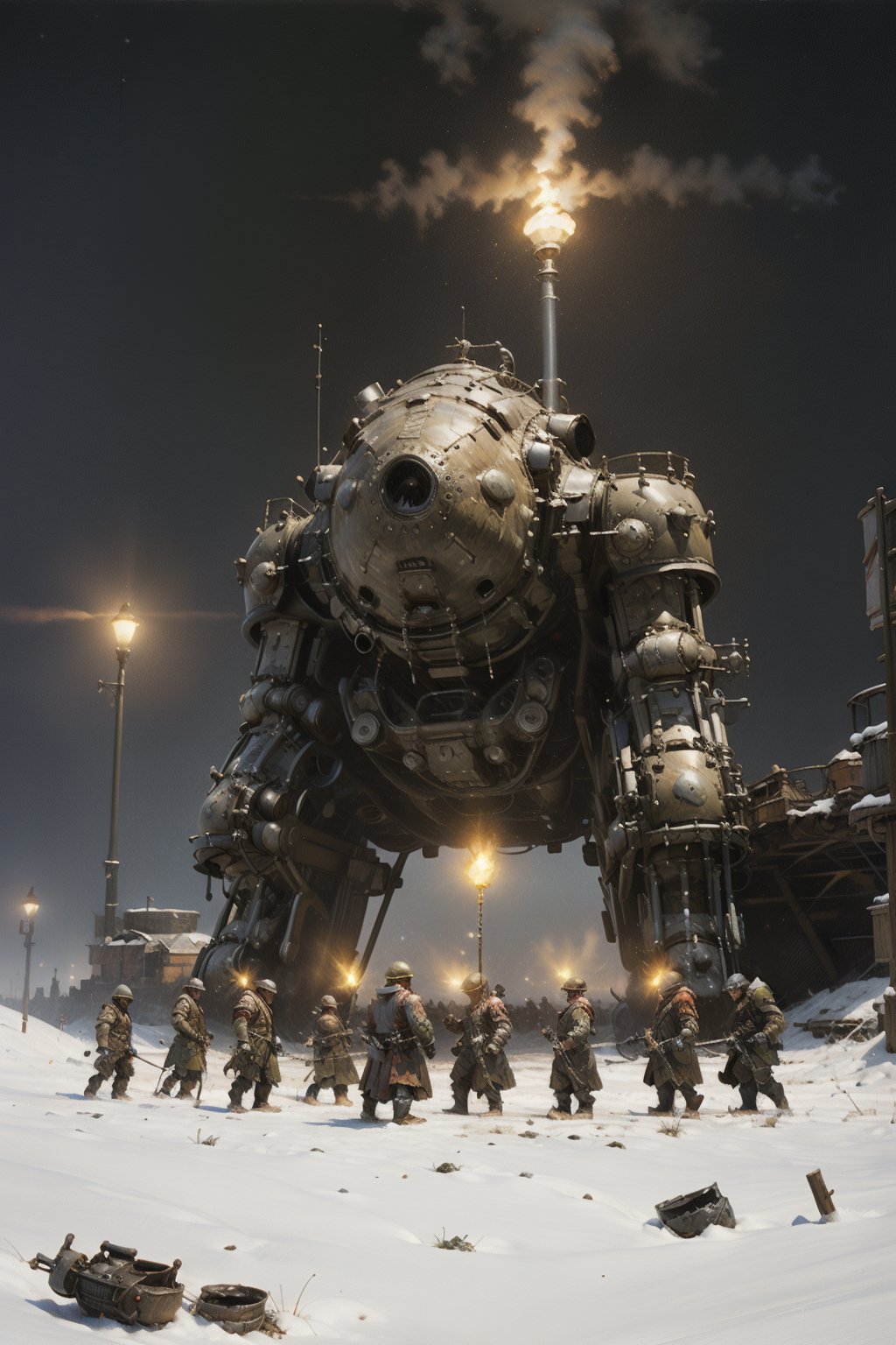 Jakub Rozalski's Historical Fantasy: In a snowy landscape, a massive, steam-powered automaton bears down on a group of soldiers, its gears and pistons lit by the eerie glow of dawn.