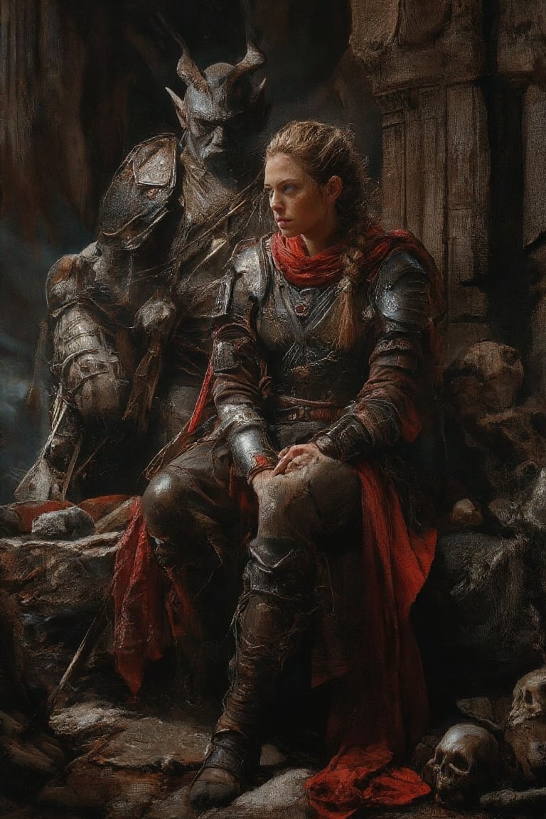 Medium shot from above, dynamic angle: A regal woman in medieval-royal armor, red scarf, and silver belt sits on a stone throne. Her blonde ponytail adds warmth as she gazes with royal aristocracy. Shallow DOF blurs background, where dark cave ruins meet. In the foreground, her left hand rests on her hip, while her right hand holds a sword. A massive, 3-meter-tall horned orc with feather armor stands tall behind her. Eye spotlight highlights her porcelain skin, showcasing pores and blemishes. Atmospheric lighting casts a warm glow, while film grain adds texture to the color-graded film aesthetic. In the lower-right corner, skulls add a pop of color, framing this Masterpiece shot.