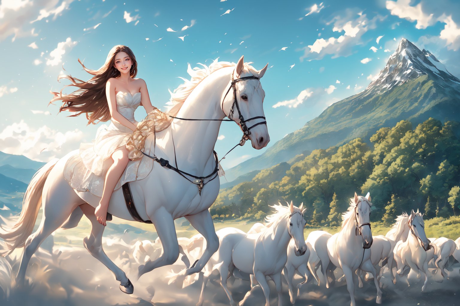 (Panorama: 1.4),  super wide angle. Frontal photo of a girl with long brown hair,  ((wearing a white strapless dress)) by...