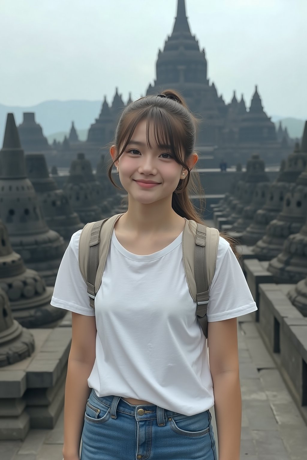 The film is grainy and realistic (full-body shooting: 1.5). 1 girl, (smile:1.5), ((long brown hair, tied into a ponytail)). ((Wearing white T-shirt, blue jeans, white sneakers)). ((Wearing a travel backpack)). Solo, {beautiful and detailed eyes}, (medium chest: 1.3), real hands, calm expression, natural soft light, delicate facial features, blunt bangs, very small earrings. The background is (Indonesia's famous Borobudur: 1.7), ((beautiful scenery as the theme, the girl is a supporting role)). ((Use a wide-angle lens to capture a panorama)).