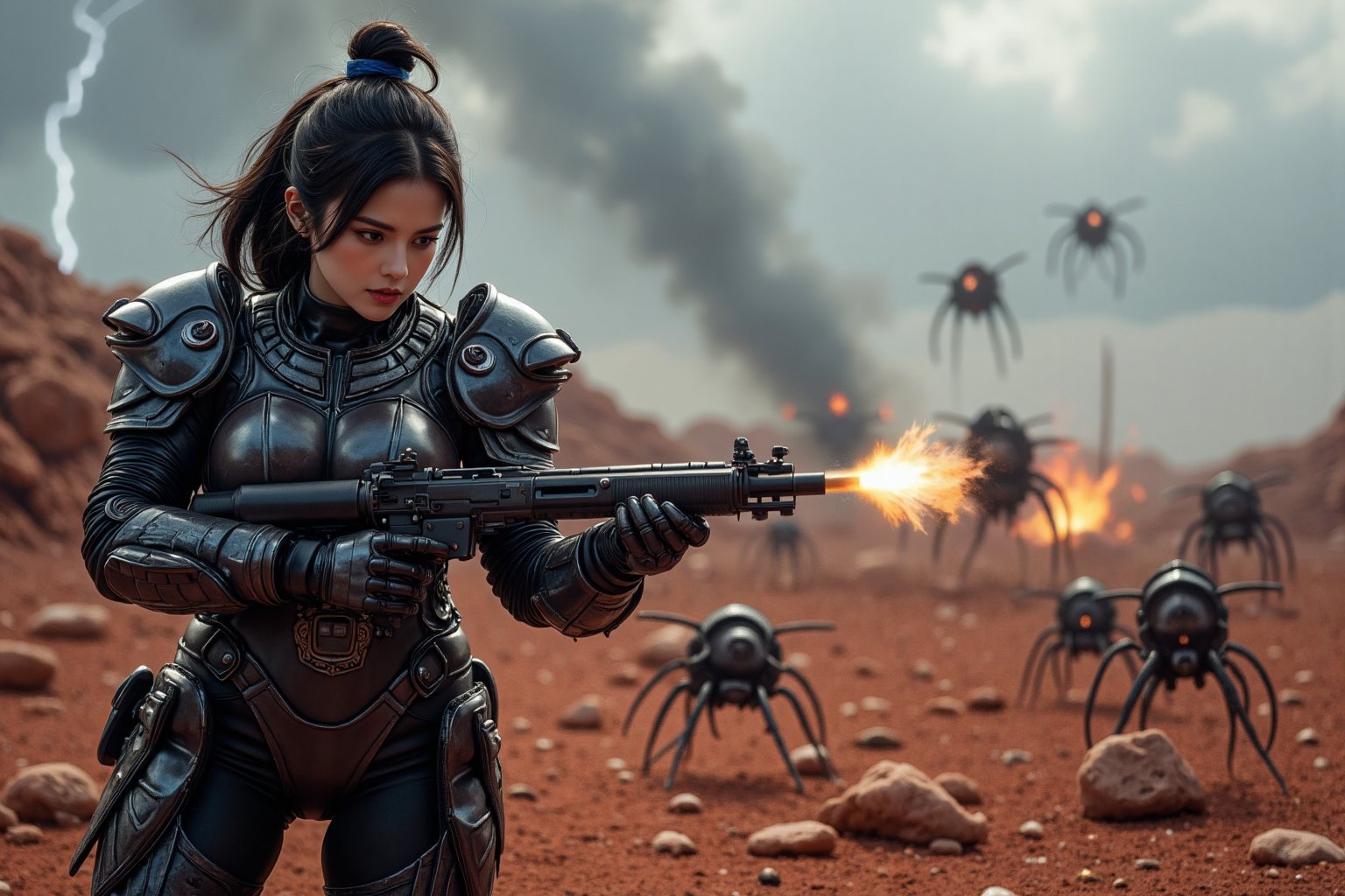 (Close-up: 1.5),  (A powerful scene of a female warrior in futuristic tactical armor: 1.4),  ((shooting at a swarm of terr...
