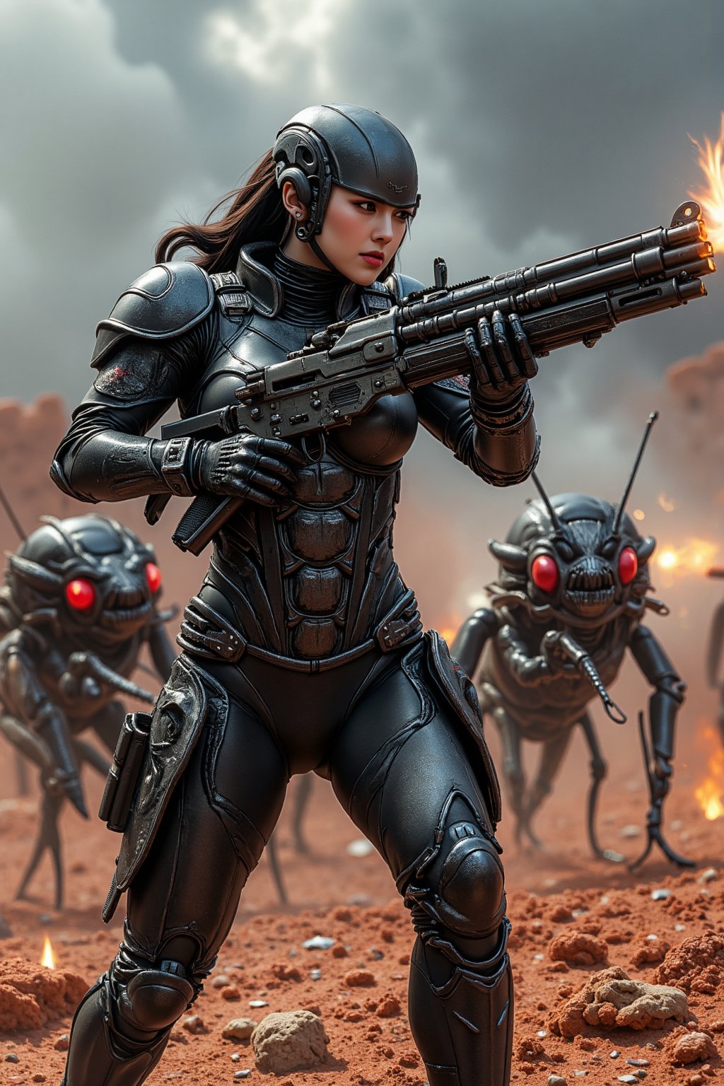 A powerful scene of a female warrior fully equipped in futuristic tactical armor,  firing a high-tech rifle at a swarm of...