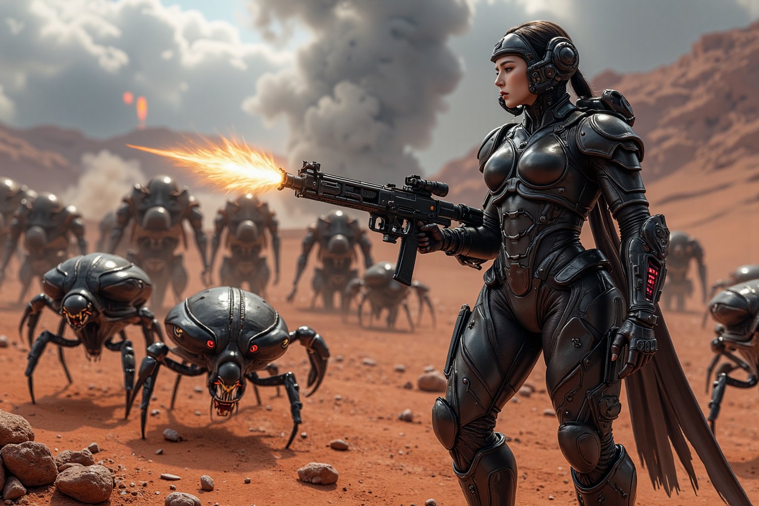 (Half-length shot: 1.4). A powerful scene filled with futuristic tactical armored female warriors shooting at a horde of t...