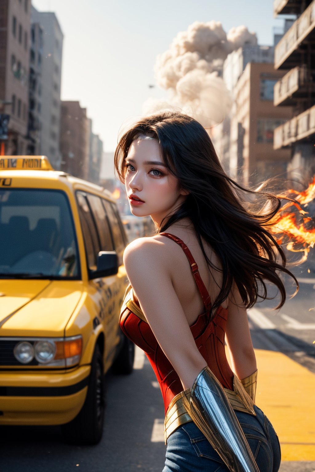 This action movie scene has a realistic art style. The composition is centered around Wonder Woman. The background shows a violent explosion on a bus, sending out smoke and flames. The background is the city, represented by pillars and other vehicles, including a yellow taxi and a gray SUV. The woman's serious and determined expression heightens the tension, signaling that this is a high-stakes and urgent moment.