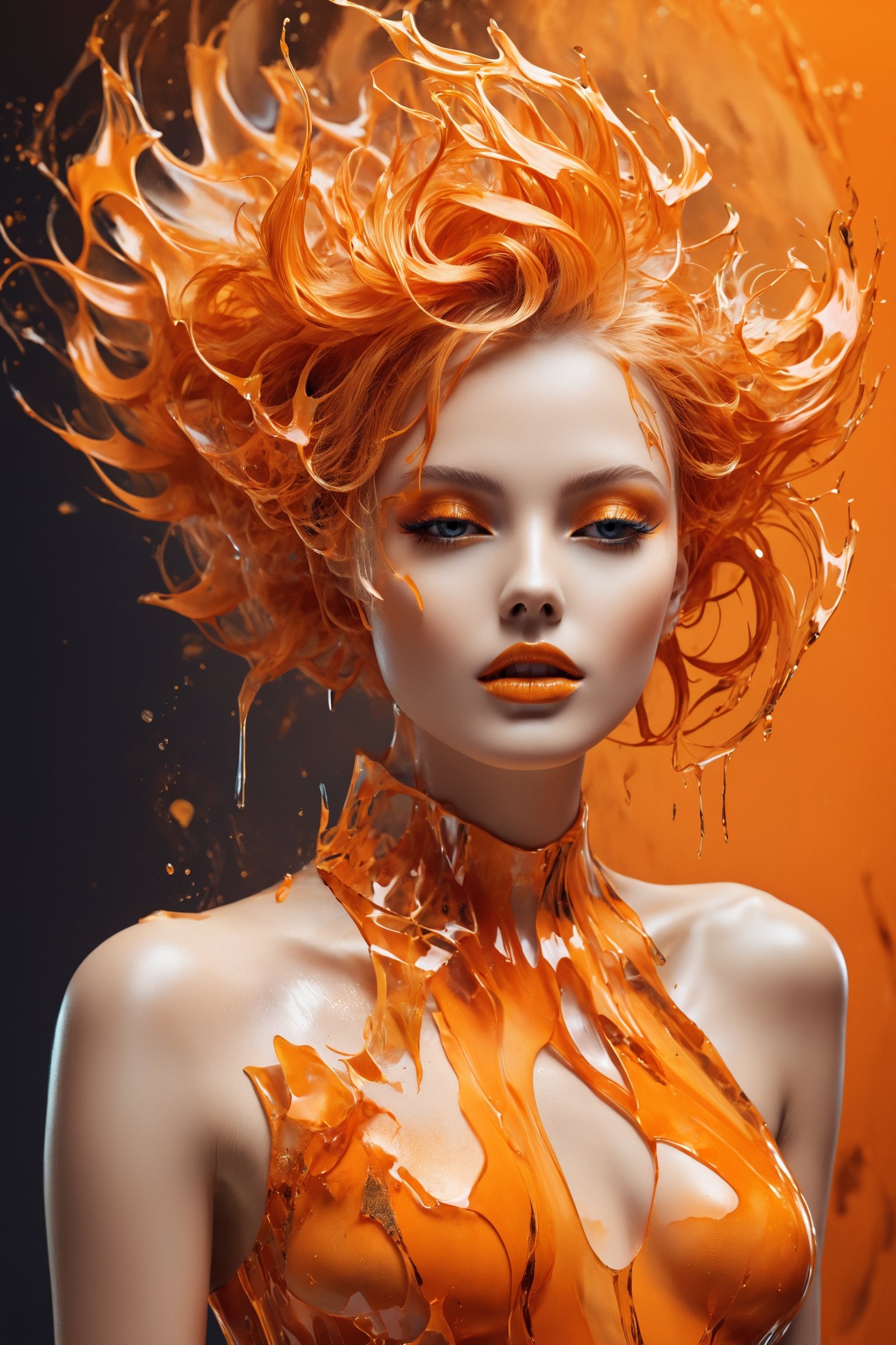 (biomorphism high fashion model), Biomorphism, Delicate details, Splash art, concept art, hair color or  orange, 8k resolution blur background Vivid colors, Broken Glass effect,  