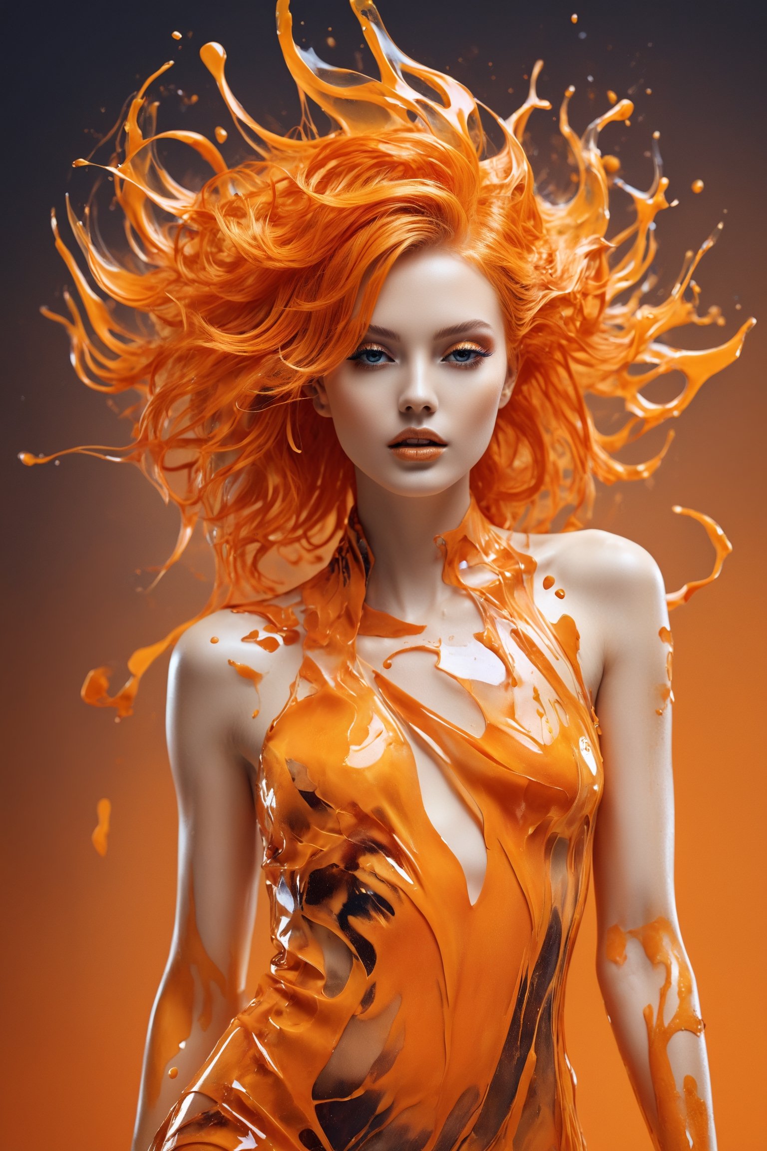 (biomorphism high fashion model), Biomorphism, Delicate details, Splash art, concept art, hair color or  orange, 8k resolution blur background Vivid colors, Broken Glass effect,  