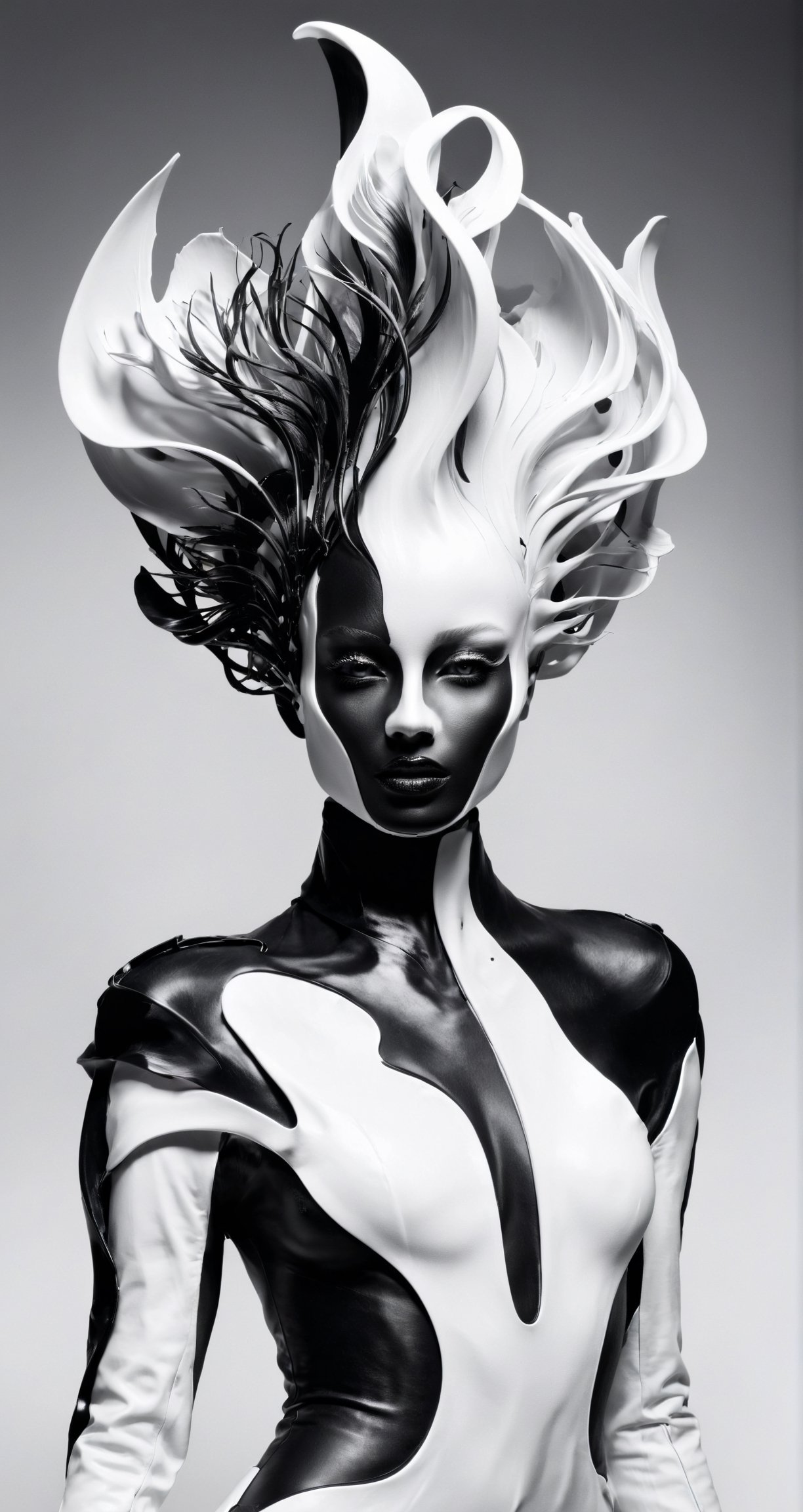 Biomorphism high fashion model, Biomorphism Haute Couture, color black and white,Extremely Realistic