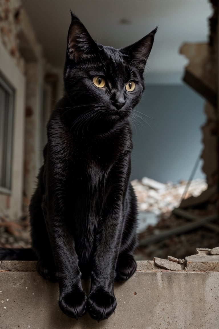 a black cat sitting on a wall,in a ruined city ,low angle view, looking far,full body shot, wide angle lens,Bokeh ruined city
Detailed, Extremely Detailed, Ambient Soft Lighting, Perfect Eyes, Perfect Face, Somber Expression, Some Horror Atmosphere, horror manga protagonist,Cats,Animal,Puppy,Realistic