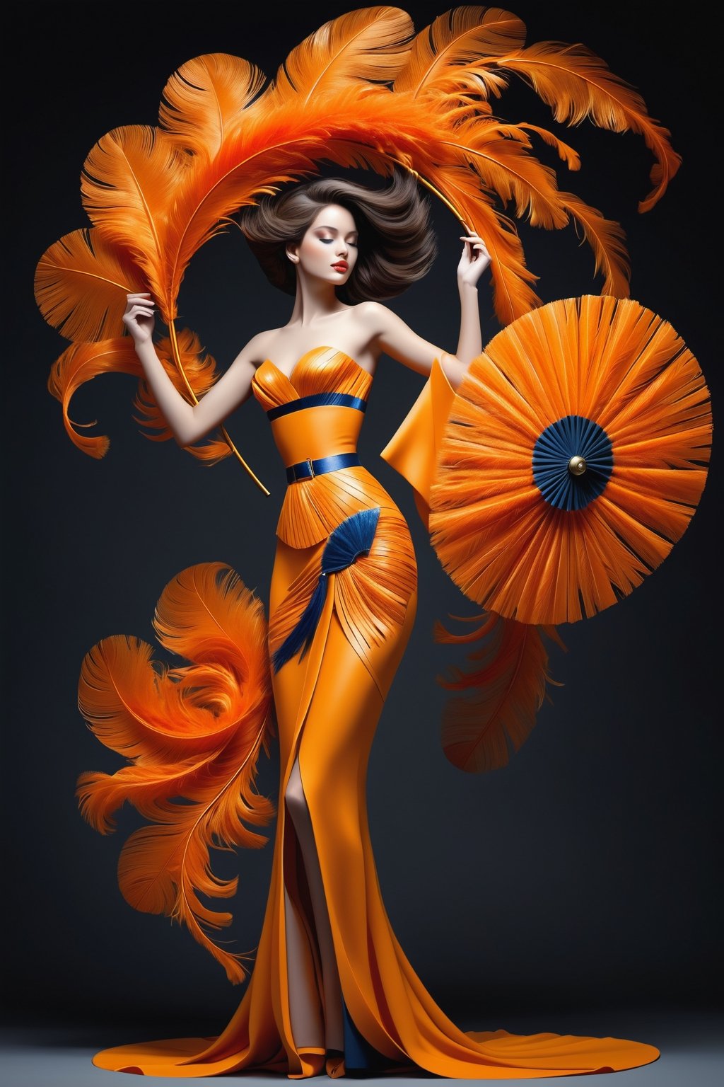 (masterpiece), Slender woman holds a fan of natural orange ostrich feathers in her hand, (she places the open fan of orange ostrich feathers on her waist, as if it were a belt. This highlights her figure and her style), The image has A geometric art style, with simple shapes and solid colors, which give it an elegant and sober look, real and detailed, highlights the color of your eyes, the image must be high impact, the background must be dark and contrast with the figure of the girl, The image must have a high detail resolution of 8k, (full body), (pose of a woman from behind holding her hair), Leonardo Style,A girl dancing,Face makeup,DonMCyb3rSp4c3XL,DonM3l3m3nt4lXL