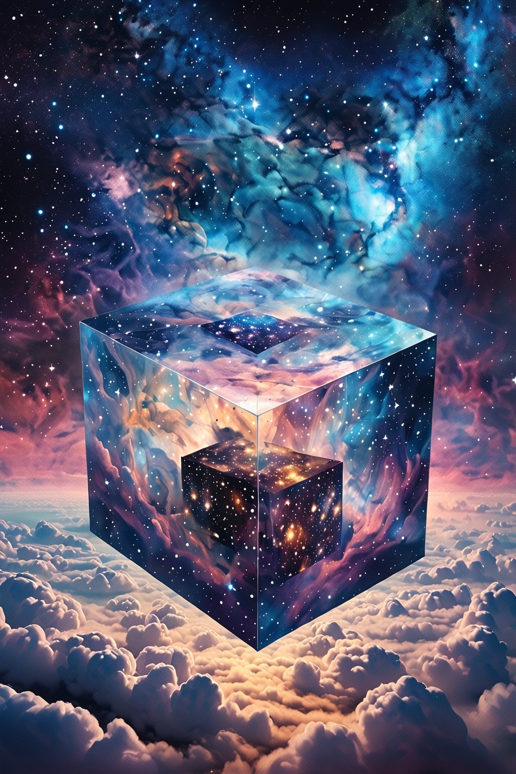 Bosch-style,  a translucent cube traps eerie clouds,  the starsscape warps by Dantonio_690010483767555525 on Tensor.Art