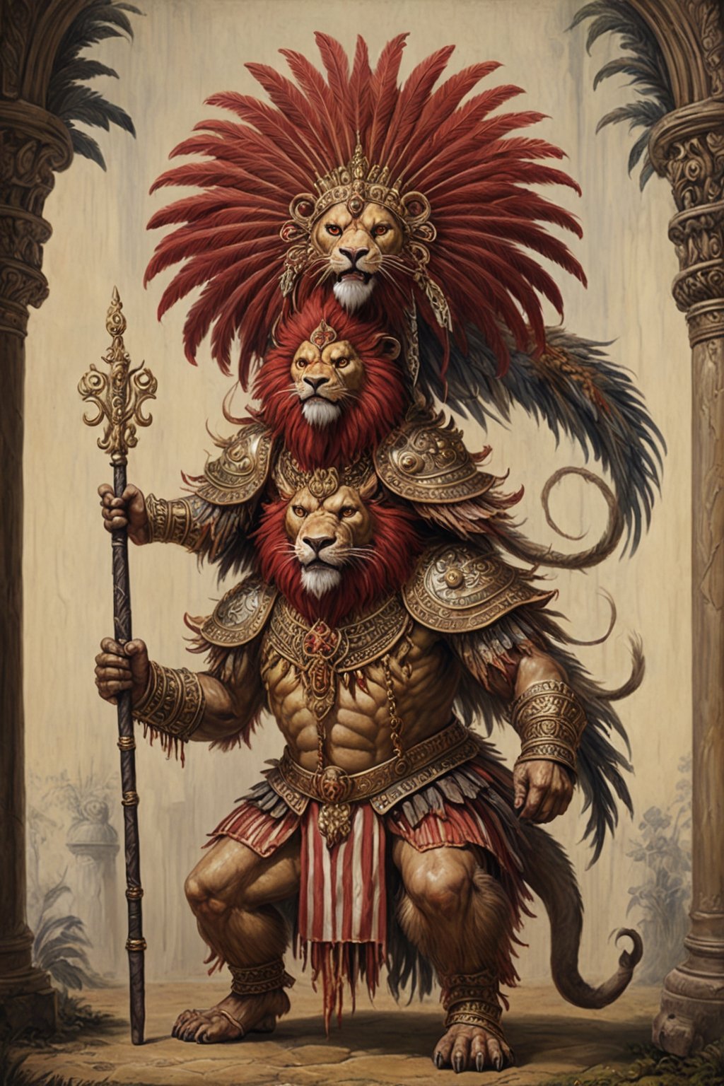 an extraordinaily tall man with teak-colored skin and three sets of arms,  wearing a flowing ostrich-feather headdress,  h...