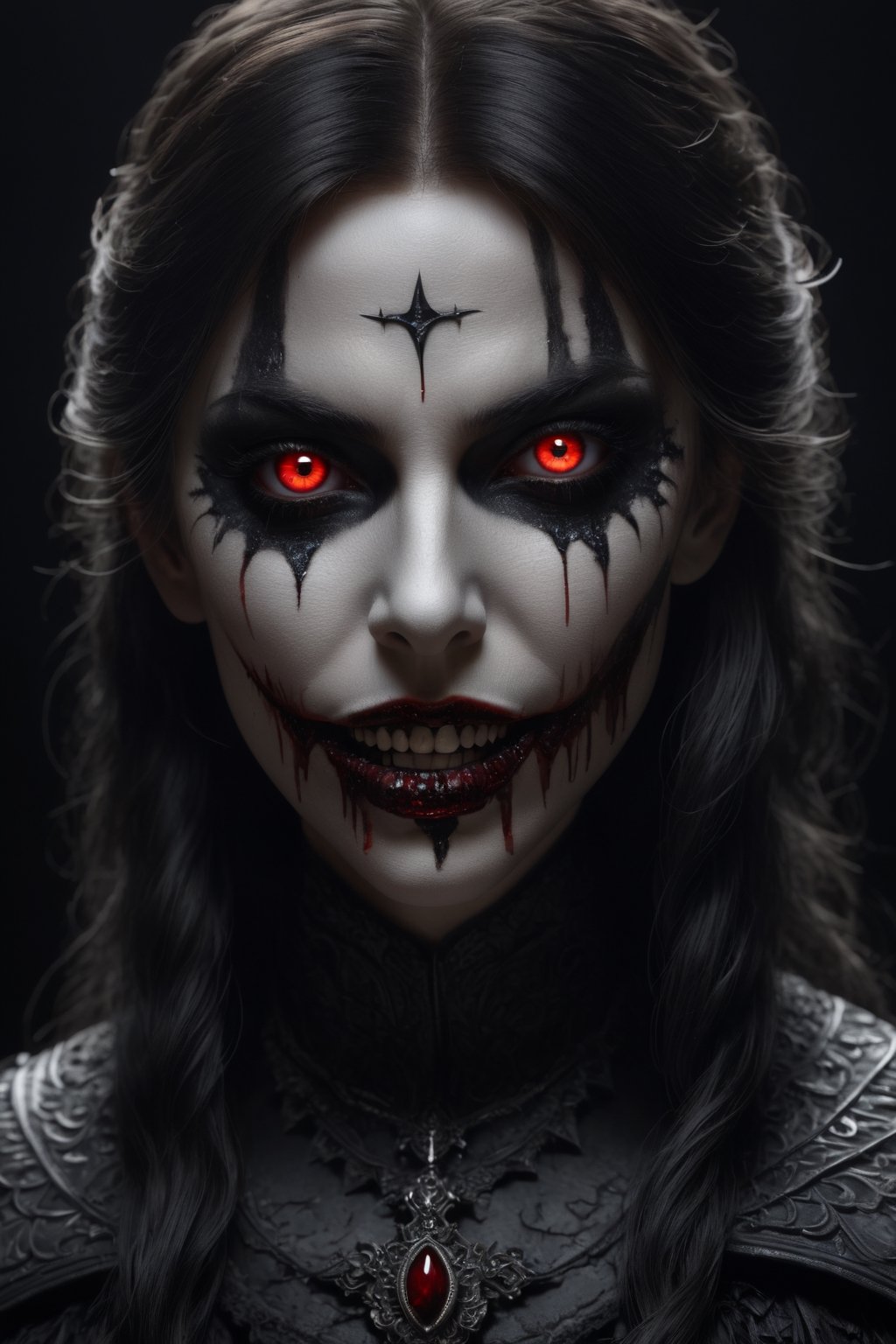 Horrifying dark art, portrait full face painting of a  creepy, scary female vampire showing ((fangs)), blood in the mouth, blood dripping from teeth, still frame with 1200k ultra high detailed eyes face skin, ((volumetric lighting, insane details, intricate textures, perfect details), hd, masterpiece, award-winning photograph, (ultrarealistic, natural feather structure, detailed textures), [by Caravaggio], beautiful 1200k sharp eyes, 1200k sharp high detailed nose, Halloween ultra realistic, concept art, intricate details, eerie, highly detailed, photorealistic, octane render, 1200 k, unreal engine. art by artgerm and greg rutkowski and alphonse mucha, filipe pagliuso and justin gerard, fantasy, highly detailed, realistic, intricate, glowing eyes, The Void, Terrifying Darkness, Absolute Nothingness, by Keith Thompson and Neil Blevins, Digital Horror Artwork, 8k zombie Halloween theme,monster,whiteeyes