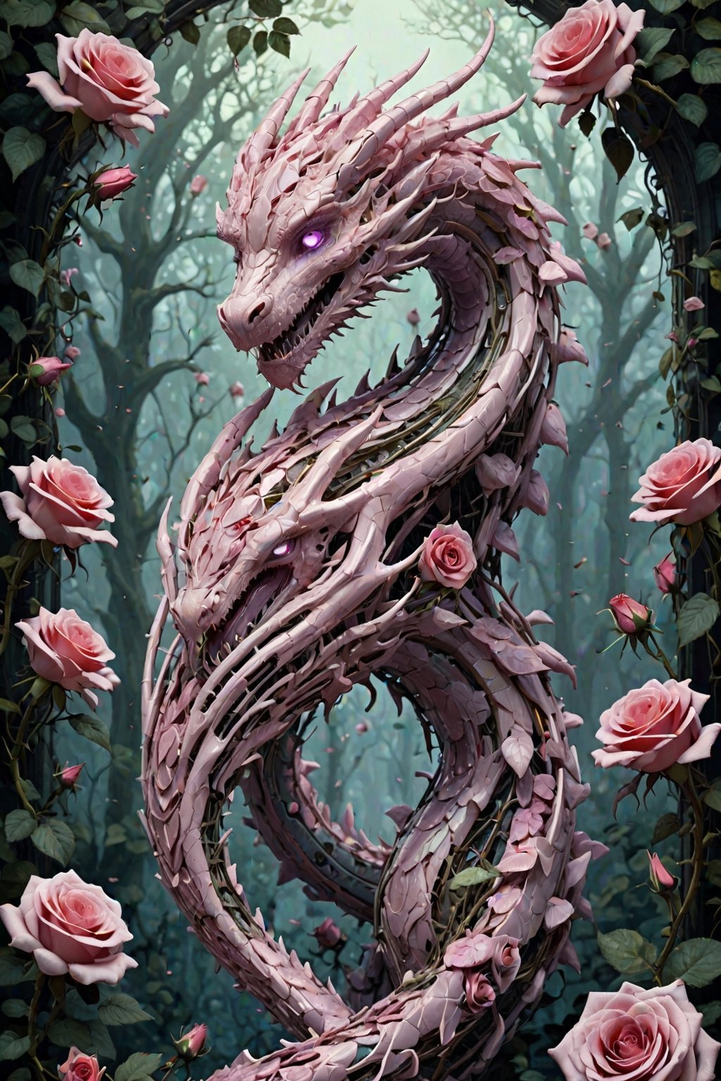 Imagine a dragon with a body entirely composed of intertwining rose blossoms and thorny vines. Its scales shimmer with the delicate hues of blooming roses, while sharp thorns protrude from its sinuous form. Each petal is meticulously crafted, forming intricate patterns that cascade along its body like a living tapestry. Despite its floral appearance, the dragon exudes an aura of power and majesty, scent of roses fills the air, ,Mecha