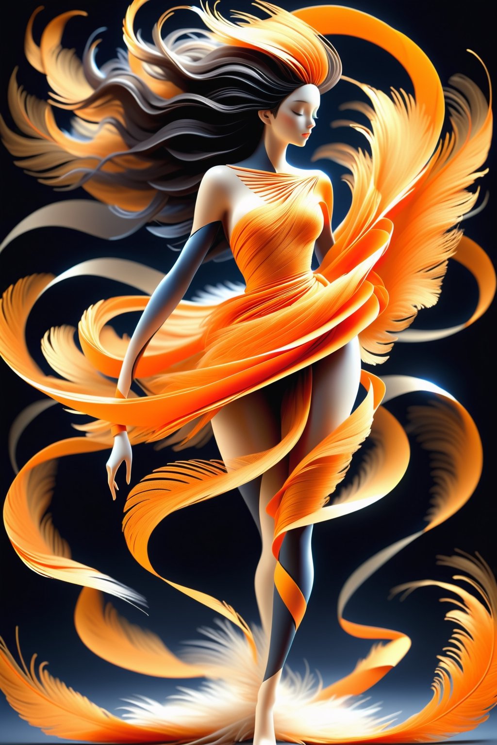 (masterpiece),  Slender woman holds a fan of natural orange ostrich feathers in her hand,  (she places the open fan of ora...
