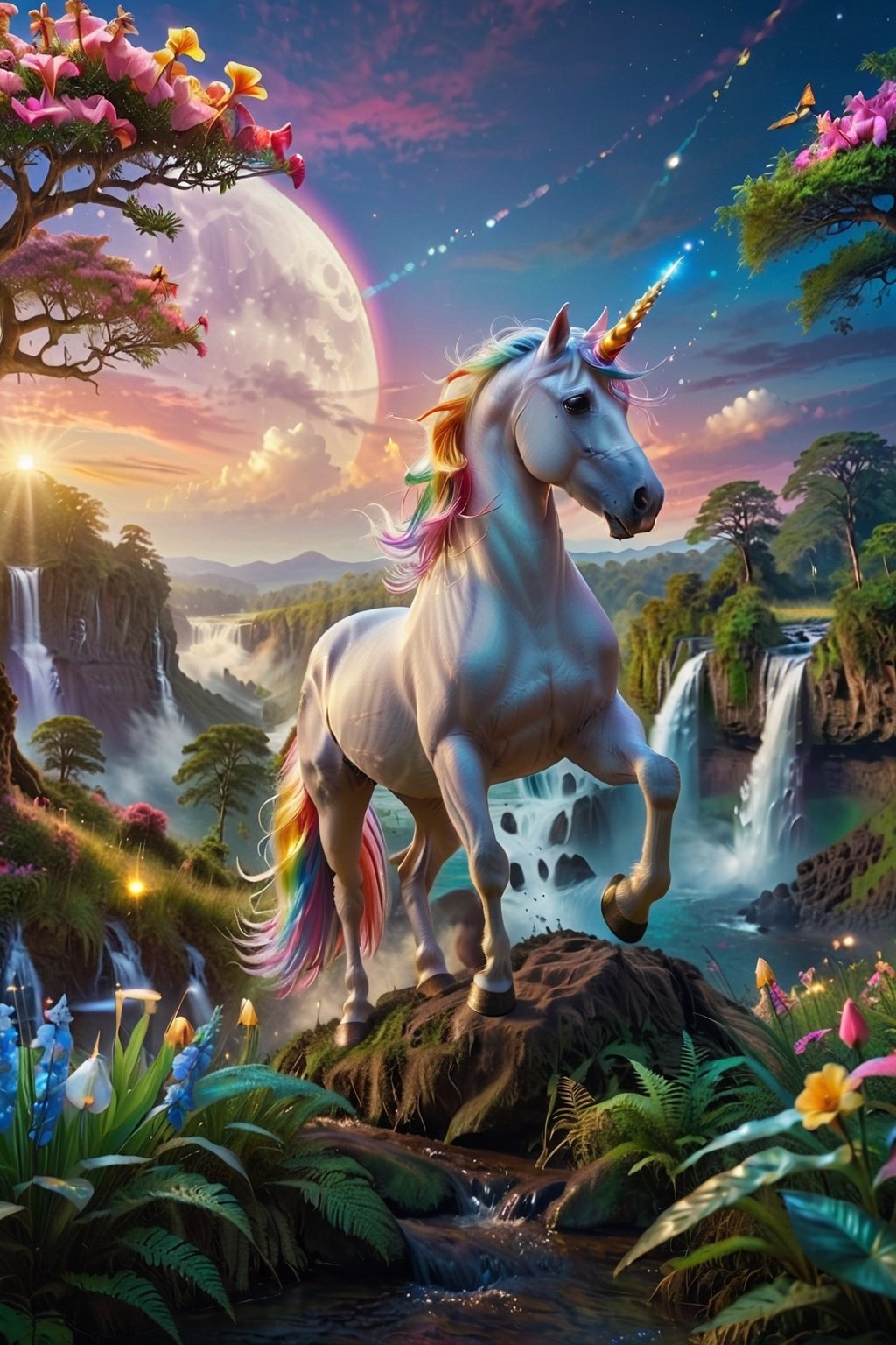 (FuturEvoLa  prompt author)core_9, score_8_up, score_7_up, score_6_up, 
Unicorn, Rainbow Unicorn, Magic Forest, Night sky, moon, fireflies, waterfalls,
(Masterpiece, Best Quality, 8k:1.2), (Ultra-Detailed, Highres, Extremely Detailed, Absurdres, Incredibly Absurdres, Huge Filesize:1.1), (Photorealistic:1.3), By Futurevolab, Portrait, Ultra-Realistic Illustration, Digital Painting. 