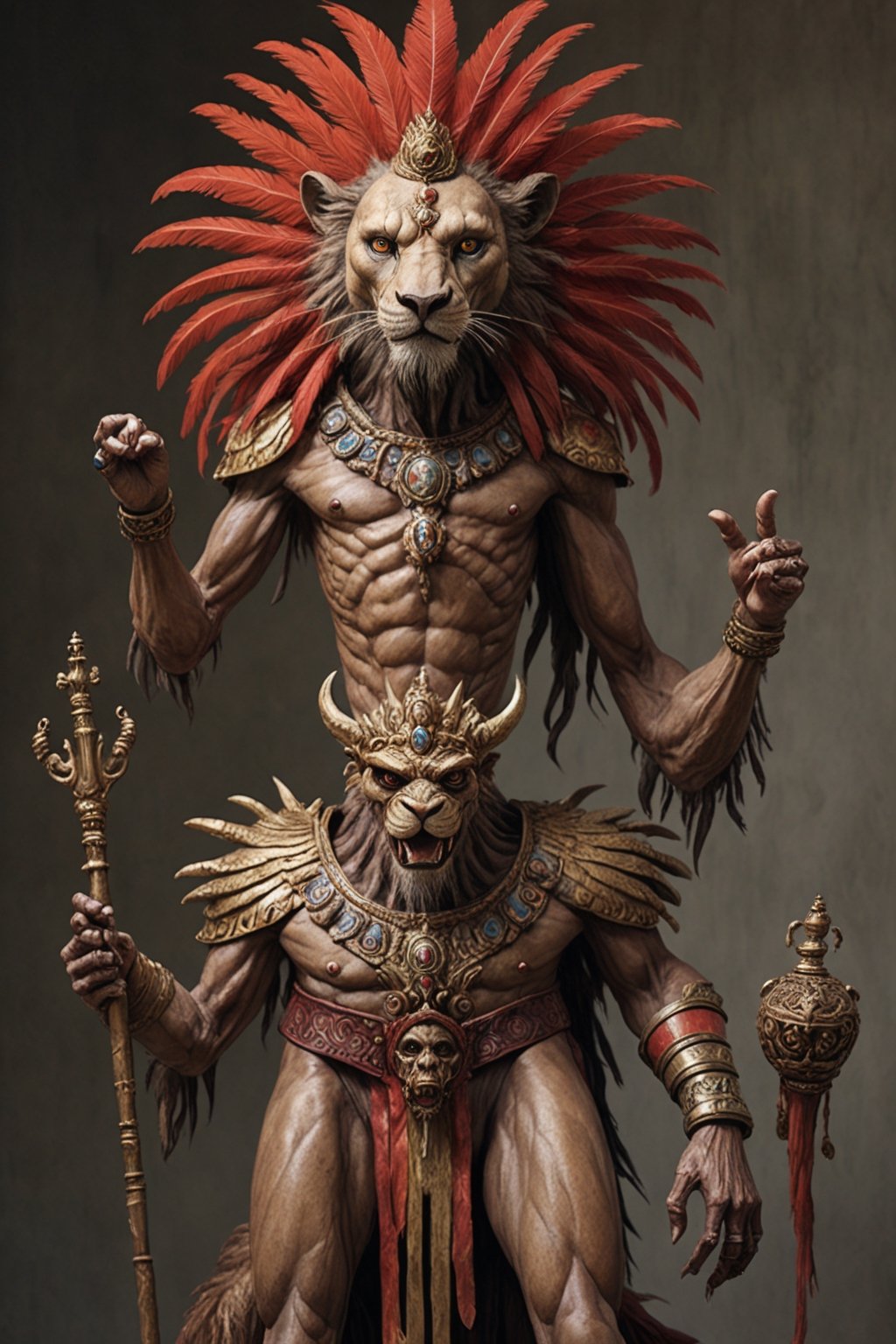 an extraordinaily tall man with teak-colored skin and three sets of arms,  wearing a flowing ostrich-feather headdress,  h...