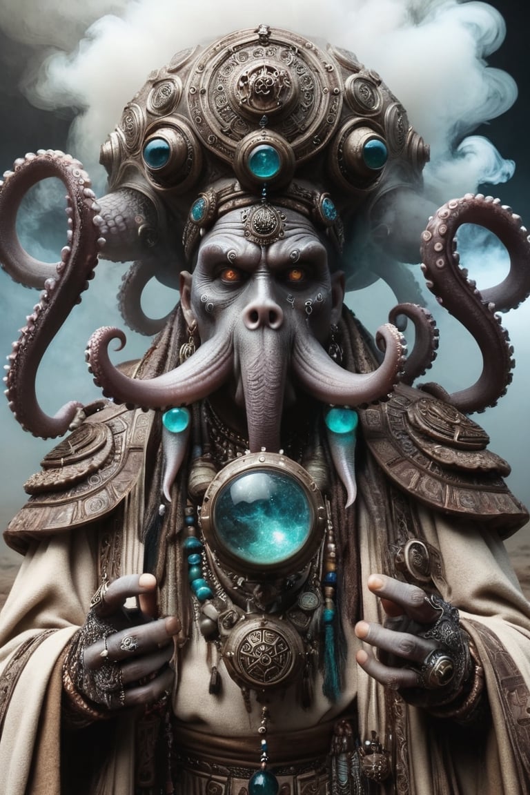 incredible depiction of a anthropomorphic octopus shaman, ancient and old, ornate trinkets, elaborate, tribal, beautiful, highly detailed and intricate, hypermaximalist, ornate, luxury, ominous, smoke, atmospheric desert, haunting, matte painting, cinematic, cgsociety, Antonio J. Manzanedo, Vladimir Matyukhin, Brian froud