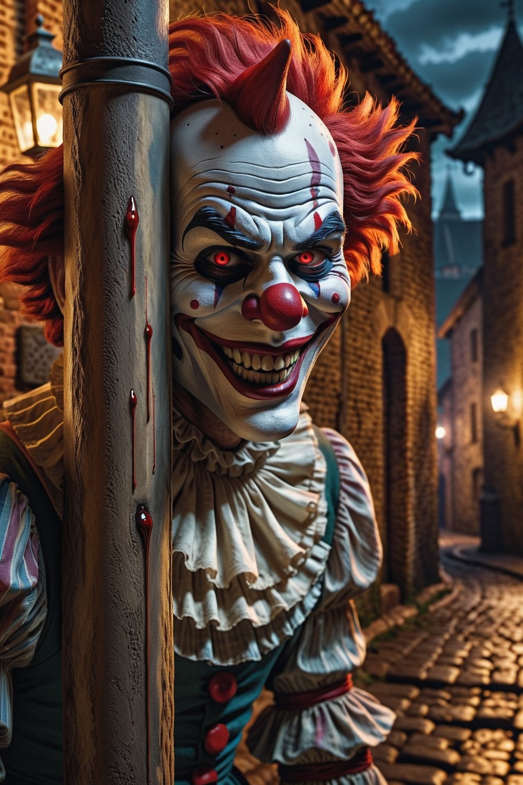 dark and gloomy night, alley of an old city, a diabolical clown waits behind a post, red eyes, macabre smile, walls with a hand-shaped blood mark , 8k UHD, extreme realism, ultra quality, maximum details