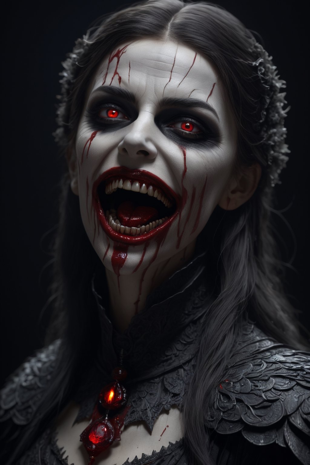 Horrifying dark art, full body view, full face painting of a  creepy, scary female vampire showing ((fangs)), blood in the mouth, blood dripping from teeth, still frame with 1200k ultra high detailed eyes face skin, ((volumetric lighting, insane details, intricate textures, perfect details), hd, masterpiece, award-winning photograph, (ultrarealistic, natural feather structure, detailed textures), [by Caravaggio], beautiful 1200k sharp eyes, 1200k sharp high detailed nose, Halloween ultra realistic, concept art, intricate details, eerie, highly detailed, photorealistic, octane render, 1200 k, unreal engine. art by artgerm and greg rutkowski and alphonse mucha, filipe pagliuso and justin gerard, fantasy, highly detailed, realistic, intricate, glowing eyes, The Void, Terrifying Darkness, Absolute Nothingness, by Keith Thompson and Neil Blevins, Digital Horror Artwork, 8k zombie Halloween theme,monster,whiteeyes