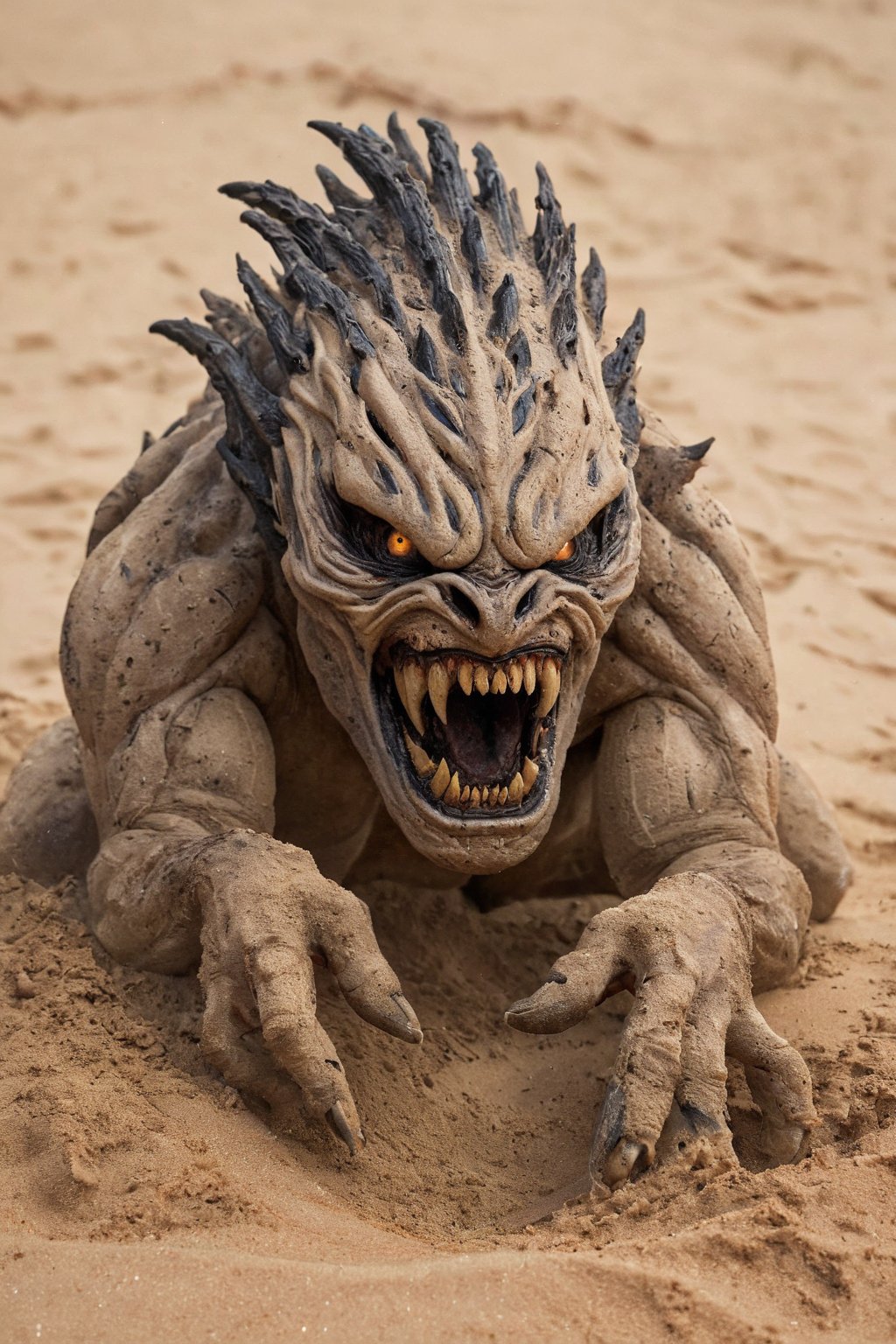 A hideous creature comes up out of the ground in a swirl of sand wild fire like eyes,  predator jaws and teeth,  clawed ha...