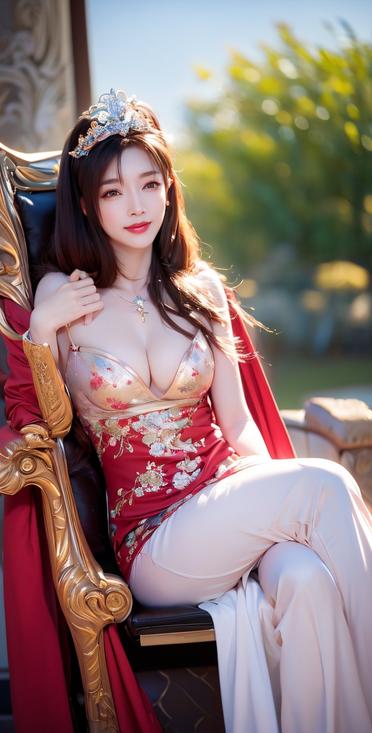 Photo album of Chinese actress Jiang Shuying. 
(masterpiece, best quality), 1girl, solo, (the empress:1.15), platinum blonde, long hair, (red cape), Curtain, white dress, queen dress, aurora, (sunshine, sky, river, forest), expressionless, red eyes, very long hair, (art nouveau:1.2), alphonse mucha, tiara, (face focus, upper body), sit, (red throne:1.12), tiara, crossing legs, highly intricate details, realistic light, smile,Jiang Shu Ying