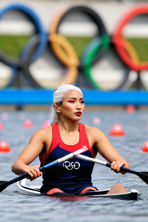 One female Canoe athlete, at Stade d'eau vive Vaires-sur-Marne
National Olympic Nautical Stadium of Île-de-France, Vaires-sur-Marne, masterpiece, best quality, high quality, Highres, 
 Olympic,look to viewer, use fish eyes lense. At background five rings symbol of olympics games. change to white hair colour.