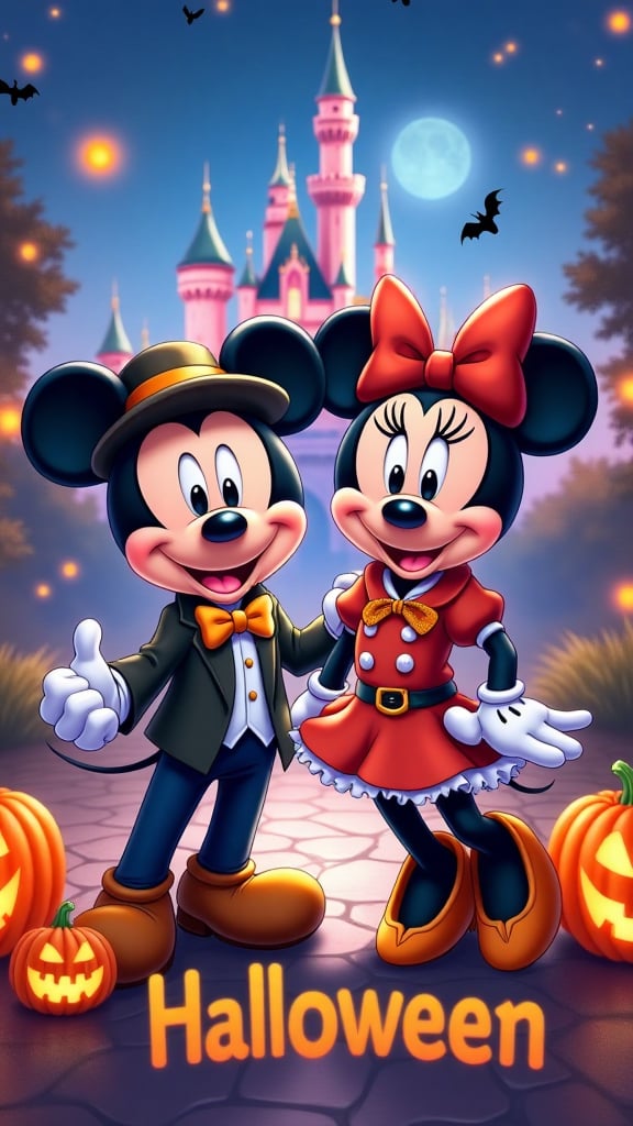 anime Style, poster, Mickey and Minnie are wearing fashionable costumes with Halloween motifs, the words "Disney" and "Halloween",Tokyo Disneyland park in the background, Change the selected part to green color.