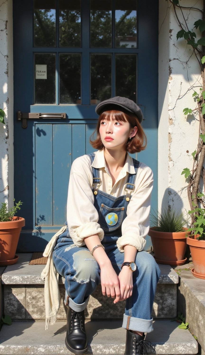 A realistic,  sunlit portrait of a young woman with chestnut-brown hair and bangs,  wearing a weathered dark newsboy cap b...