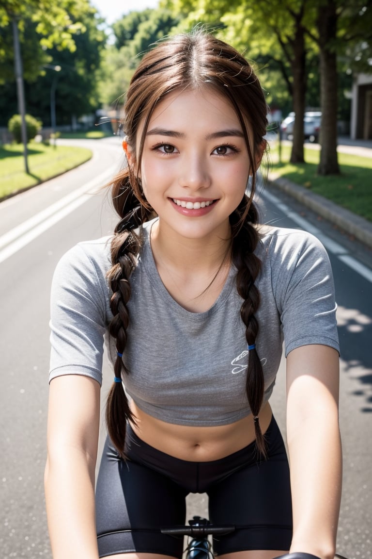 best work, beautiful 18 year old girl, natural thick eyebrows, long braided hair, black t-shirt, gray leggings, smiling face, cycling on the 