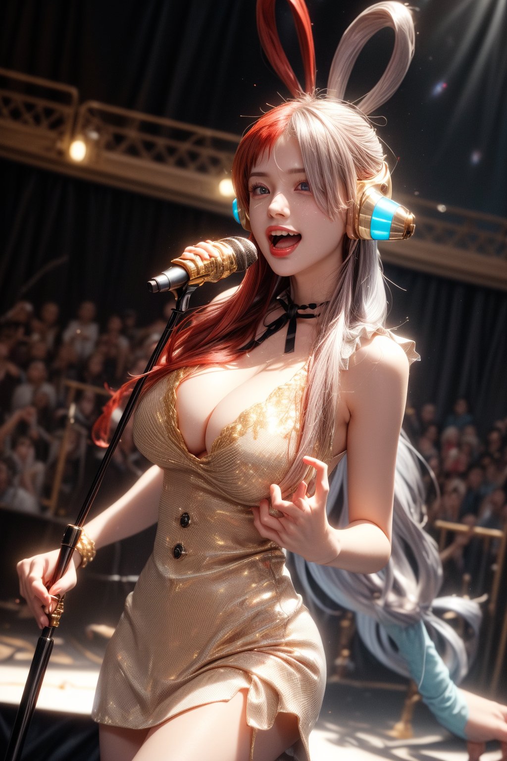 masterpiece, best quality, highres, 1girl, split-color hair, hair over one eye, red hair, multicolored hair, long hair, purple eyes, hair rings, white dress, gold headphones, white hair, black ribbon, bangs, sleeveless, (huge breasts, cleavage,low cut) , cowboy shot, on the stage, colored spot light , smile, reaching out, two hand holding golden microphone, 1girl , (open mouth)