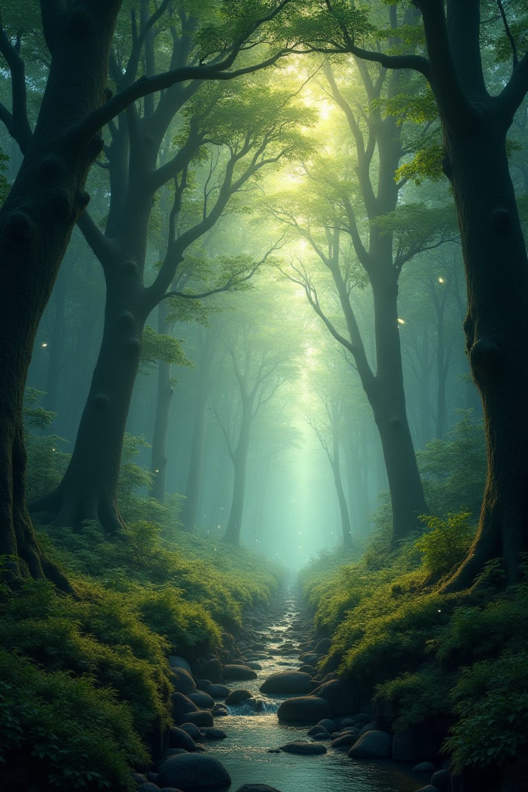"A dense and magical forest filled with towering trees,  their branches intertwined to form a natural canopy that lets ray...