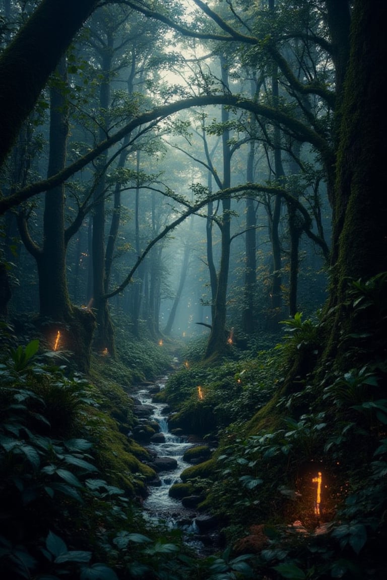 "A dense and magical forest filled with towering trees,  their branches intertwined to form a natural canopy that lets ray...