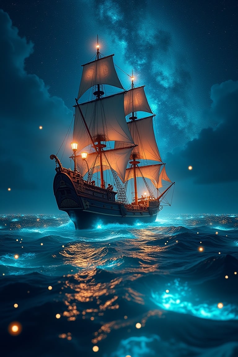 Captain's triumphant return: A majestic pirate ship, adorned with billowing sails and lanterns aglow, majestically glides into a bioluminescent sea illuminated by a swirling galaxy above. Fireflies dance across the waves, as if welcoming the vessel home. Framed by the starry night sky, this XL 4K ultra-high definition action shot captures the drama of the moment.