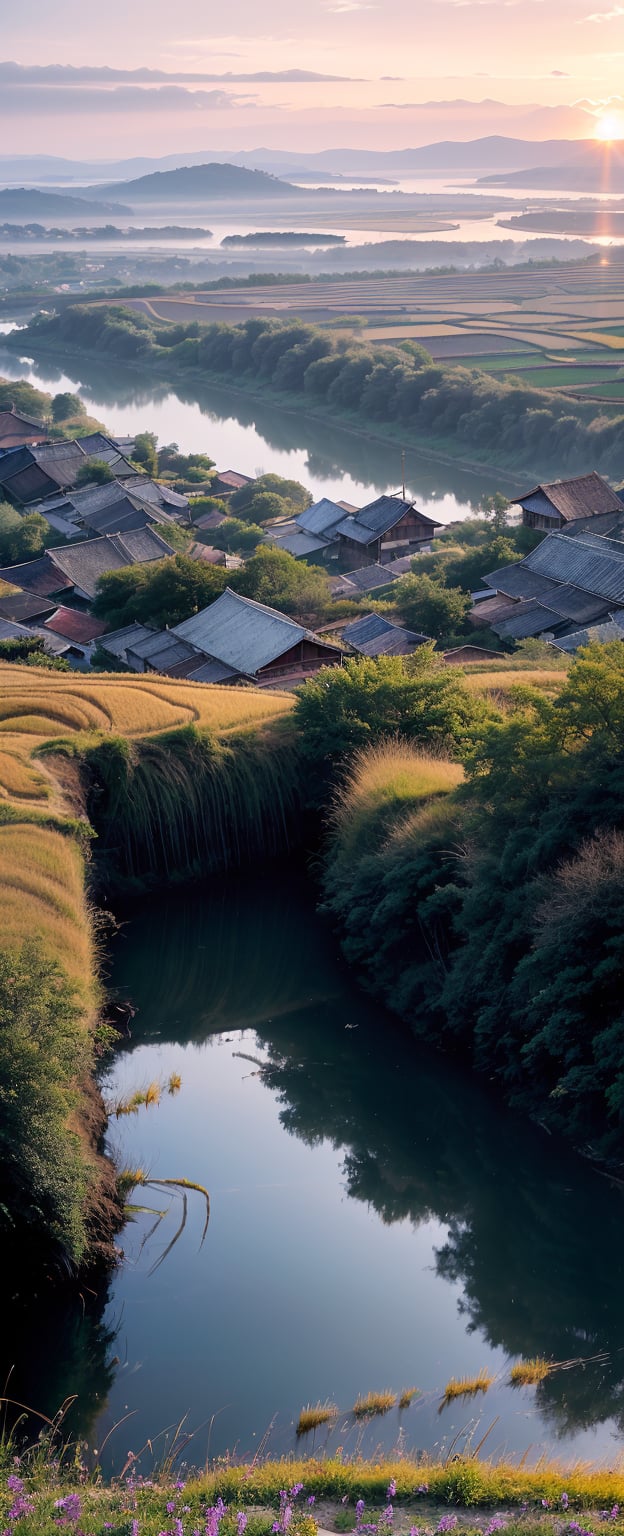 Vibrant oil on canvas, capturing the warm hues of a sunset at the serene rice fields near a quaint village, where rustic wooden houses seemingly blend into the lush greenery. Soft, feathery brushstrokes evoke a sense of tranquility, as the sky is set ablaze with burnt oranges, fiery reds, and deep purples, reflected in the glistening water-filled paddies. The air is thick with the scent of blooming wildflowers, and the atmosphere is tranquil, with hints of golden light dancing across the scene, inviting the viewer to step into this idyllic world.

