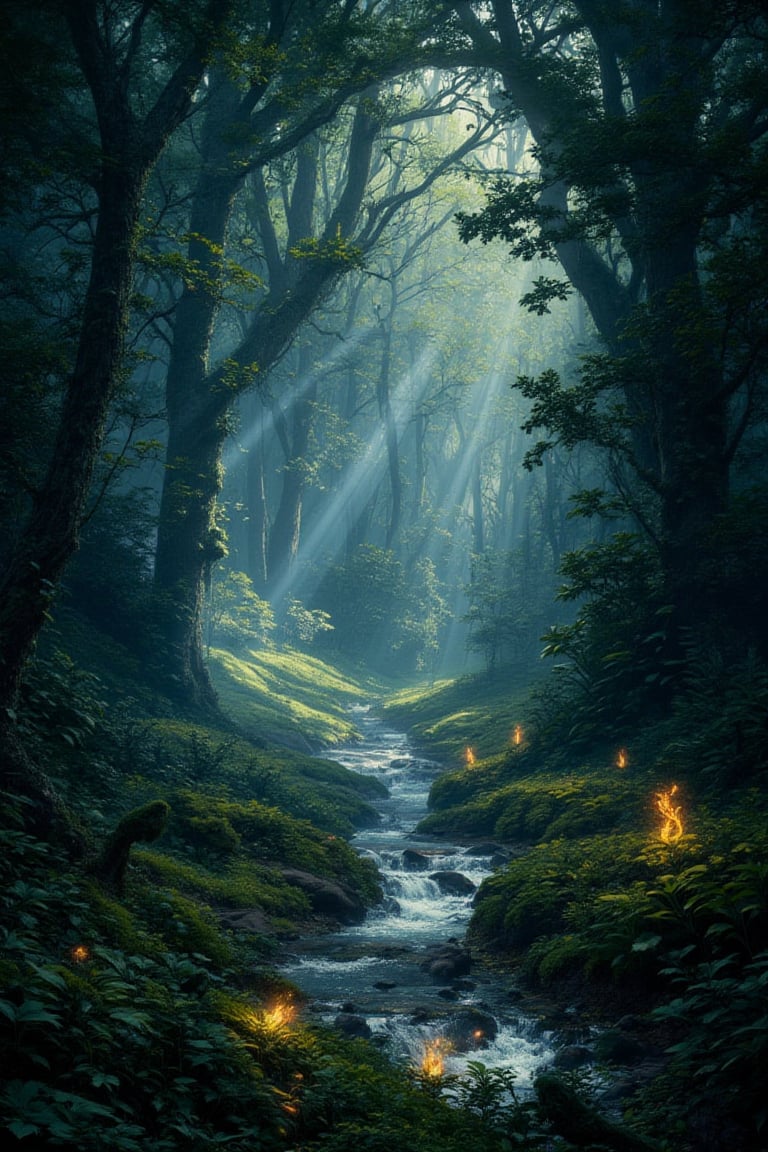"A dense and magical forest filled with towering trees,  their branches intertwined to form a natural canopy that lets ray...