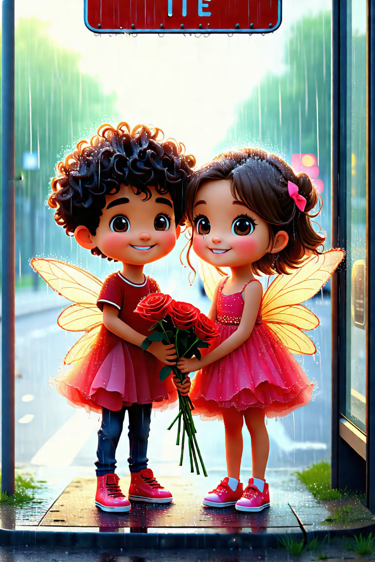 A whimsical scene unfolds: A 6-year-old boy and girl, clad in matching fairy dresses, stand together at a bus stop, surrounded by the rhythmic patter of raindrops. The duo holds a stunning red rose bouquet, its velvety petals glistening with dew. The children's faces beam with joy, their bright eyes shining like tiny stars. The girl's curly locks and the boy's messy brown hair are tousled from the rain, adding to the scene's charm. Framed by the bus stop's weathered sign and the rain-soaked street, this heartwarming moment is bathed in a soft, golden light, as if infused with magic.