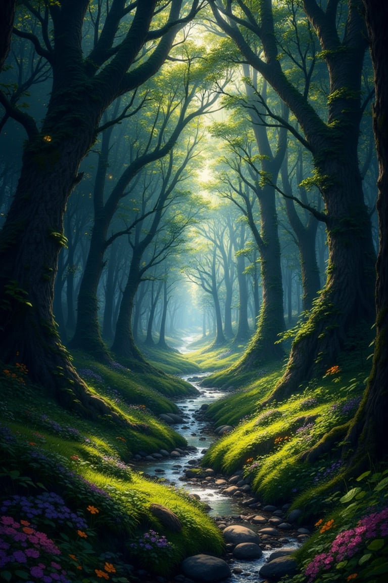"A dense and magical forest filled with towering trees,  their branches intertwined to form a natural canopy that lets ray...