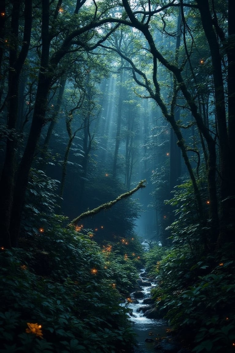 "A dense and magical forest filled with towering trees,  their branches intertwined to form a natural canopy that lets ray...