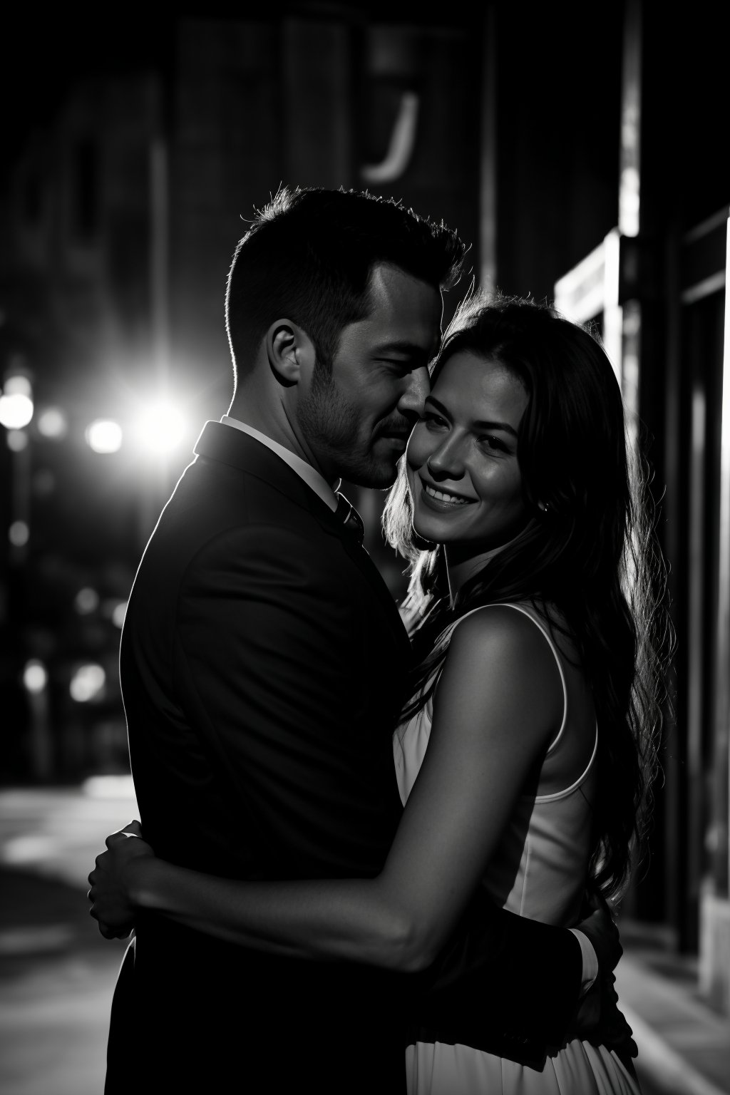 A man hugs a girl and feels happy. Urban black and white style,  like in the movie "Sin City". Use harsh side lighting and...