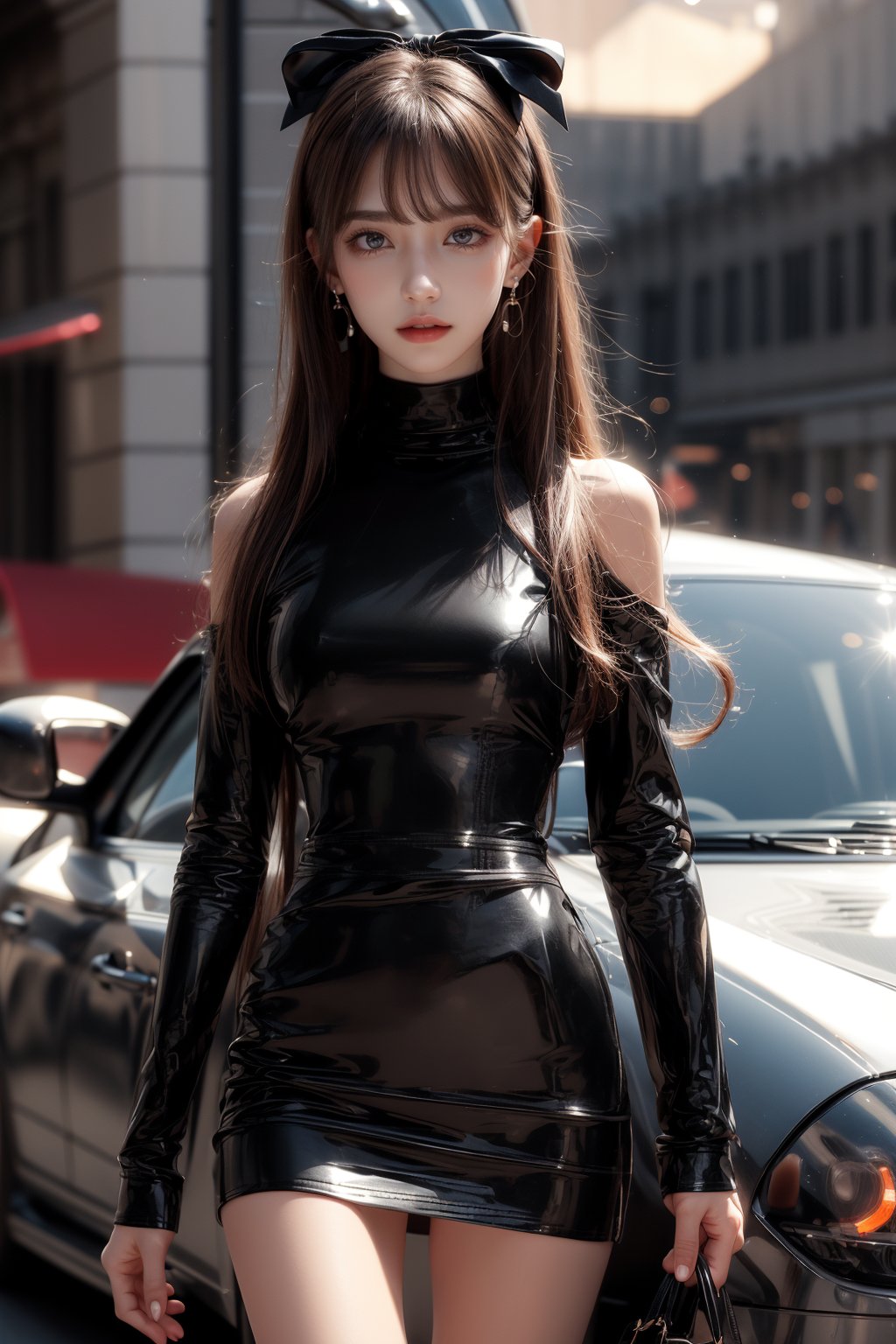 at night, night, moon, city street, 1girl, solo, long hair, looking at the viewer, smile, bangs, brown hair, realistic, shoulders-long messy elegant hair. ((Mock Neck Illusion Long Sleeve very short black minidress Black Leather)) , jewels. standing, in the evening, sports car, at night, night, masterpiece, best quality, photorealistic, raw photo, earrings, black eyes, lips, bow headband, lips, ribbon, realistic, parted lips, lips, ribbon, realistic, blurry background,Car