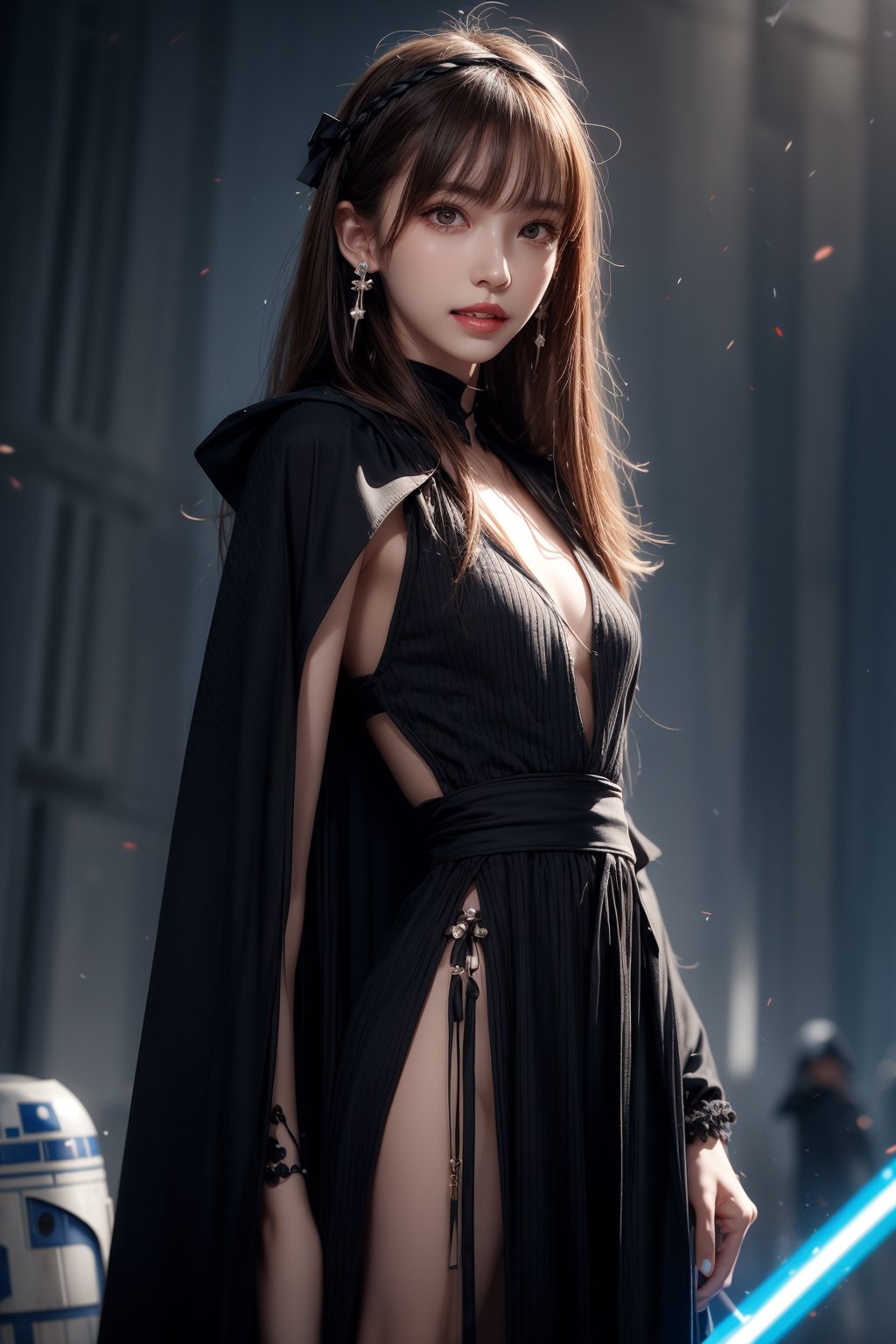 1girl, solo, long hair, looking at the viewer, smile, teeth, bangs, brown hair, realistic,  wearing a tight dress, dressed as Sith. starwars. sith. black cloak. Holding a Blue lightsaber. standing at warzone, Starwars, explosions, laser shots, action scene (HDR:1.5) earrings, black eyes, lips, bow headband, lips, ribbon, realistic, parted lips, lips, ribbon, realistic, blurry background,