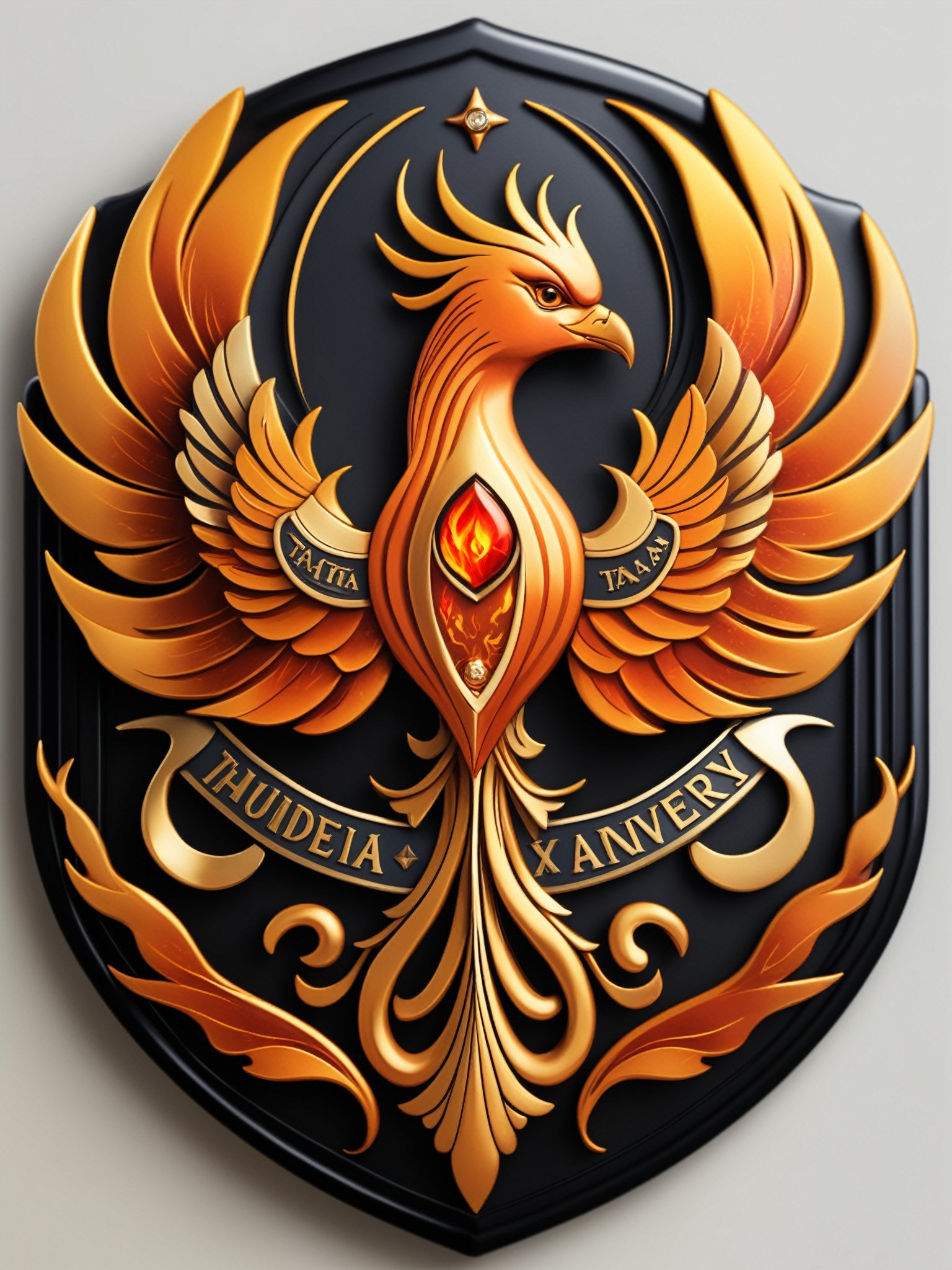 Masterpiece,  realistic. High quality. Badge. The central pattern is an outline of a phoenix composed of flames With text:...