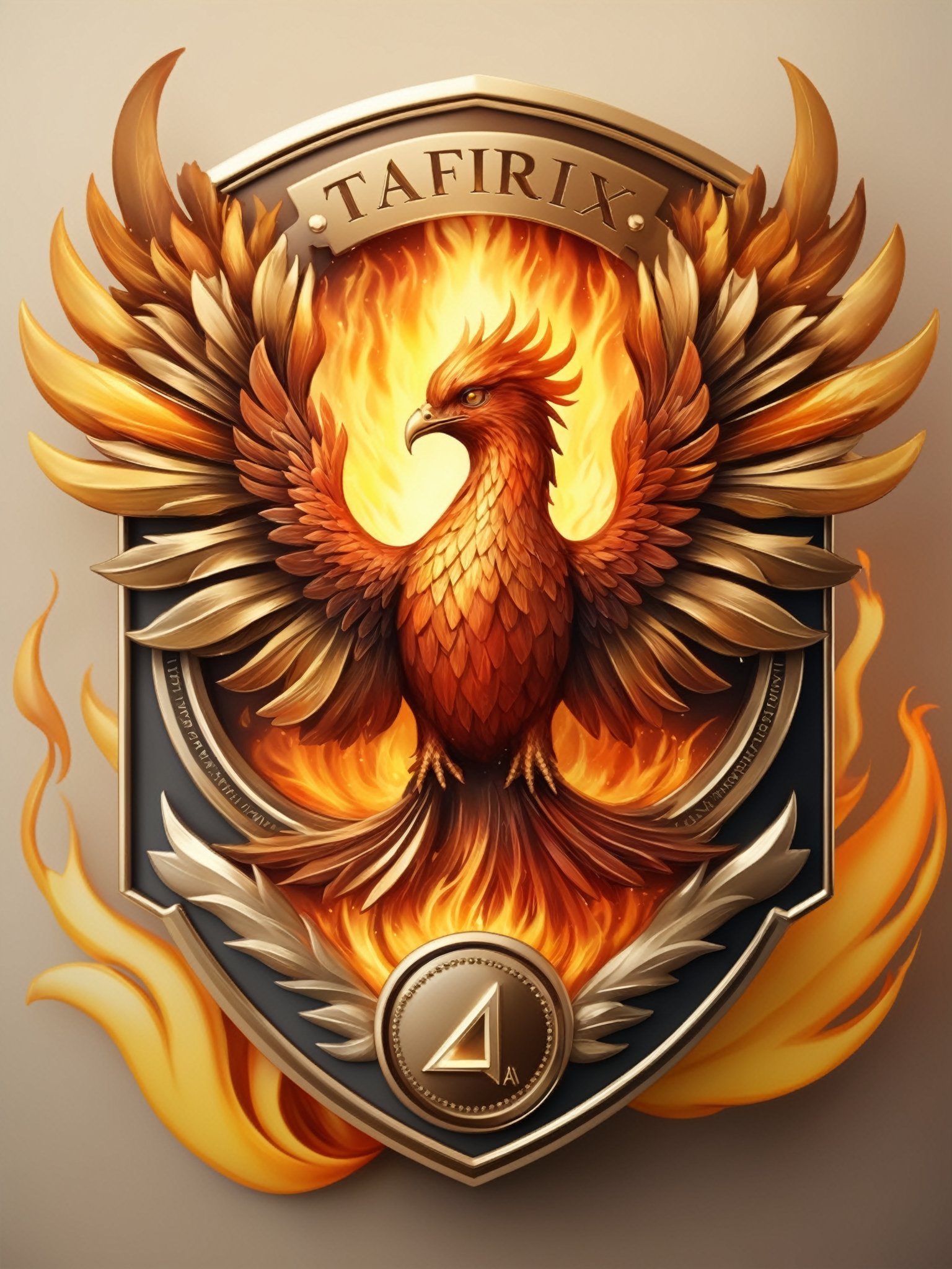 Masterpiece,  realistic. High quality. Badge. a symbol of a phoenix made of fire. With text: TA Anniversary by Kealthalas...