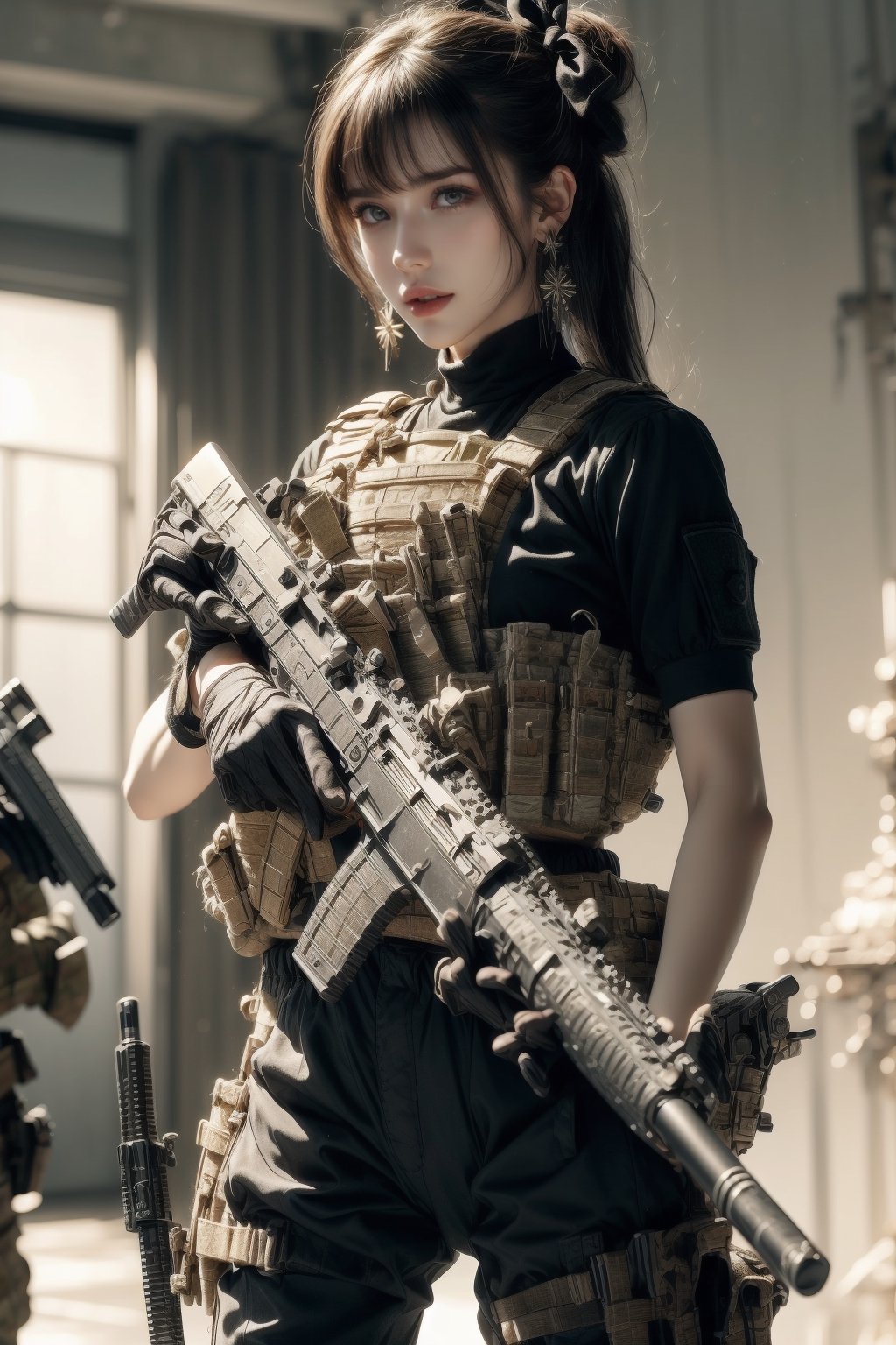 1girl, solo, long hair, looking at the viewer, smile, laugh,  bangs, brown hair, realistic, ponytail, open mouth, gloves, holding, weapon,  realistic, short sleeves, boots, black gloves, pants, fingerless gloves, black footwear, holding weapon, blurry, gun, military, black shirt, blurry background, black pants, holding gun, equipped with an ultrarealistic photorealistic detailed pistol, knee pads, one knee, combat boots, pistol, Military,  elegance, masterpiece, earrings, realistic,  masterpiece, best quality, photorealistic, raw photo,  earrings, black eyes, lips, bow headband, lips, ribbon, realistic, parted lips, lips, ribbon, realistic, blurry background, Military,Taskforce,Assault rifle 